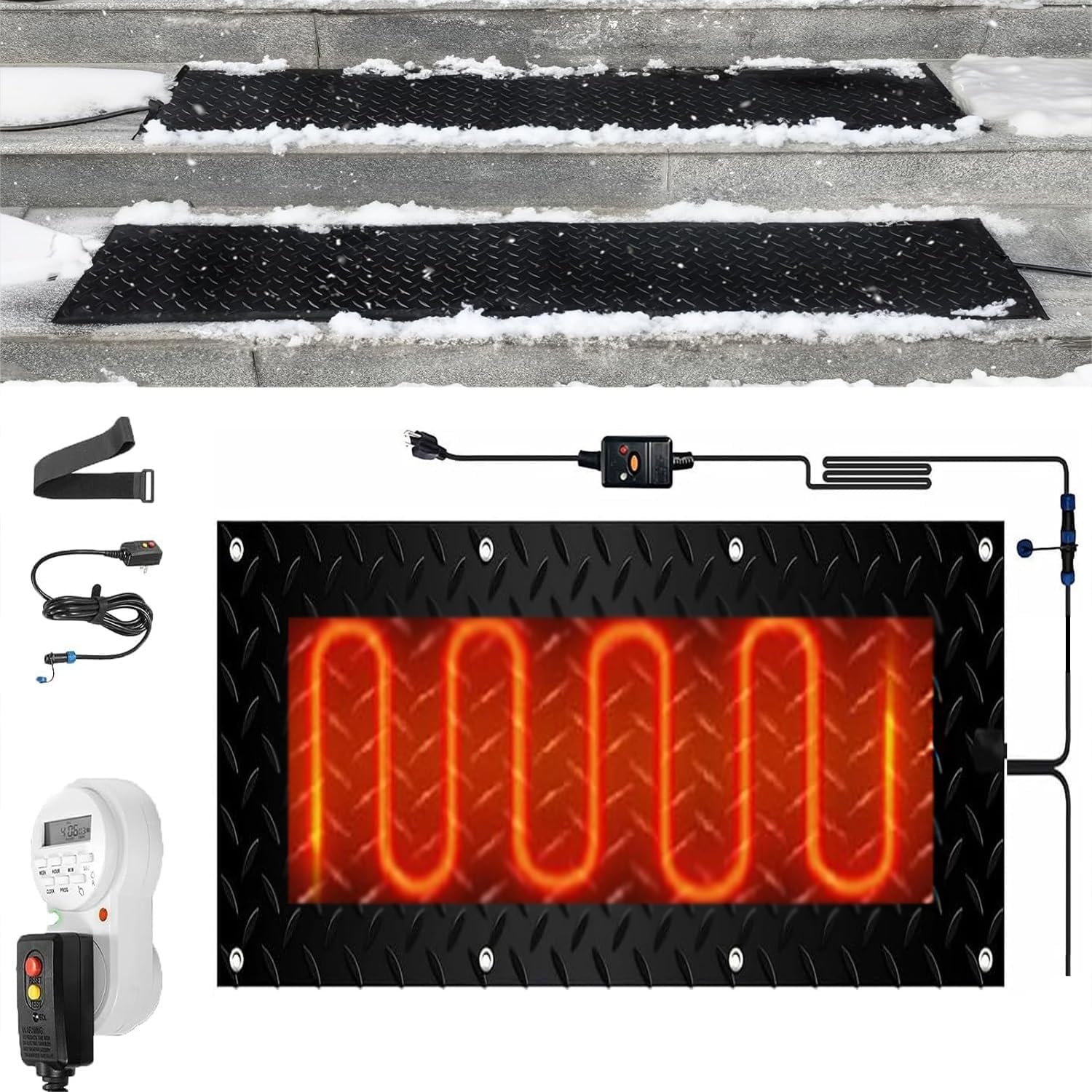 Heated Snow Melting Mats with Timer, 1/2/3/4/5 Pcs Outdoor Slip Proof Ice Heated Rubber Mat for Driveway Walkway Decks and Sidewalks Connection with Power Cord for Winter Stairs(1 Pcs,12x36in/