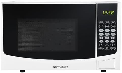 Emerson 0.9 Cu. Ft. Compact Countertop Microwave Oven with Touch Control, LED Display, 900W, 6 Auto Menus with Removable Glass Turntable and Child Safety Lock, MW9255W, White