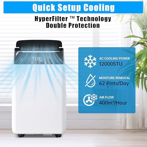 Portable Air Conditioner 12,000BTUs Room Air Conditioning Cools Up to 550 Sq.Ft, 3-In-1 AC Unit with Cooling/Dry/Fan Modes, Quiet Freestanding Air Conditioner with Remote Control, 24H Timer, for Home