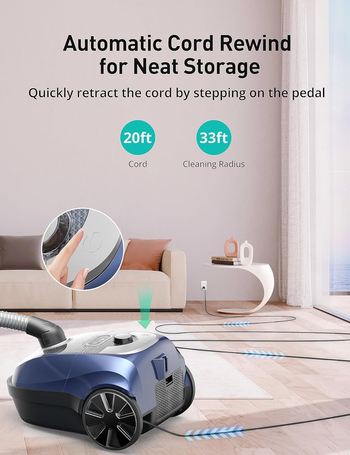 Bagged Canister Vacuum, Aspiron Canister Vacuum Cleaner, 3.5L, H13 HEPA Filter, 5 Cleaning Tools, Pet-Friendly Vacuum Cleaner for Carpets, Hardwood Floors, Stairs, Pet Hair, Household, Blue