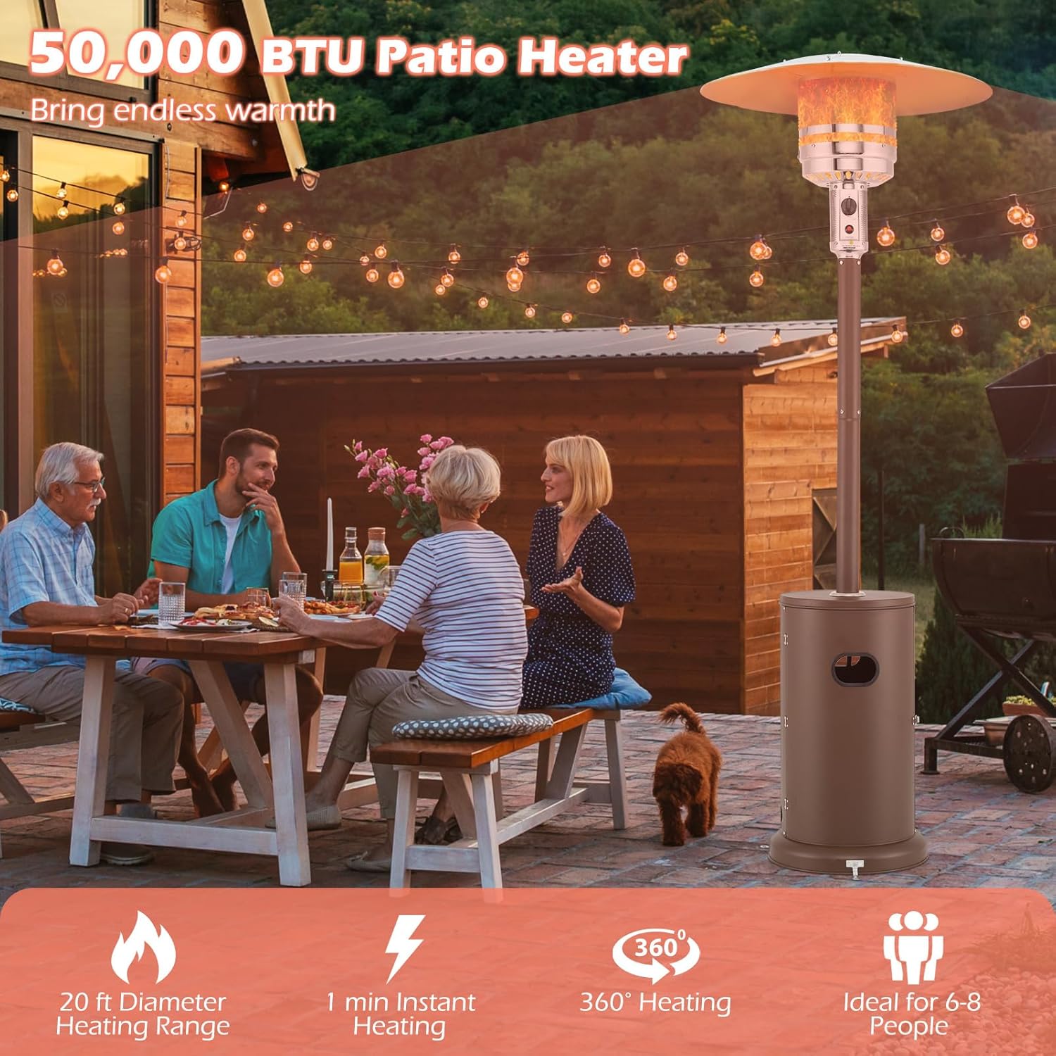Tangkula 50,000 BTU Propane Outdoor Heater, Patio Heater with Strengthened Stainless Steel Burner, Tip-Over, Flame-Out Protection and Wheels, Outdoor Heaters for Patio (Brown)