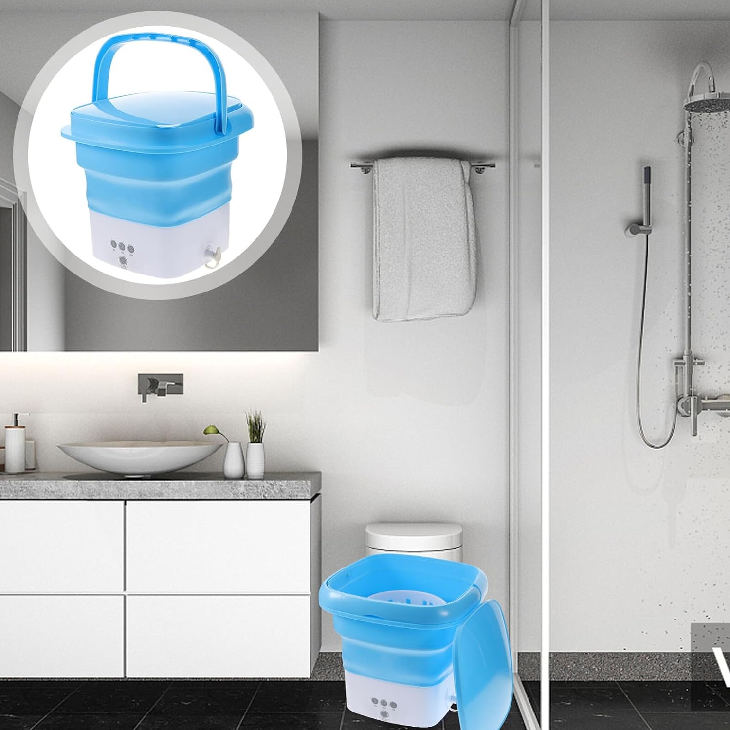 Portable Folding Mini Washing Machine Capacity with Timer Touchscreen Non-slip Suction Base High-frequency Hand Scrub Simulation for Underwear Clothes Travel Camping Apartment Use