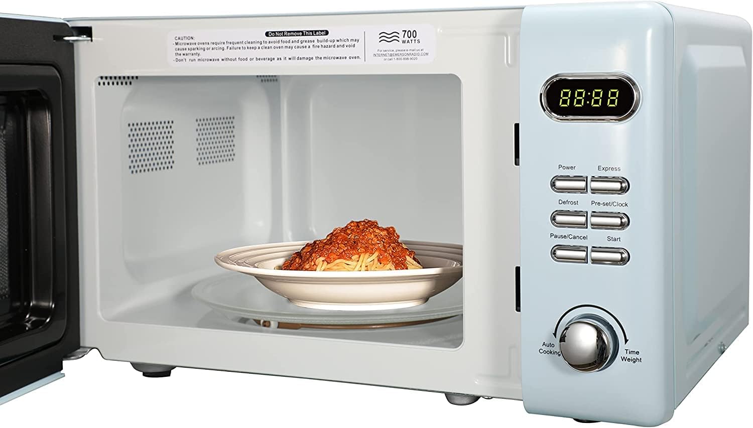 Emerson MWR7020BL Retro Compact Countertop Microwave Oven with Button Control, LED Display, 700W 5 Power Levels, 8 Auto Menus, Glass Turntable and Child Safe Lock, 0.7, Thunderbird Blue