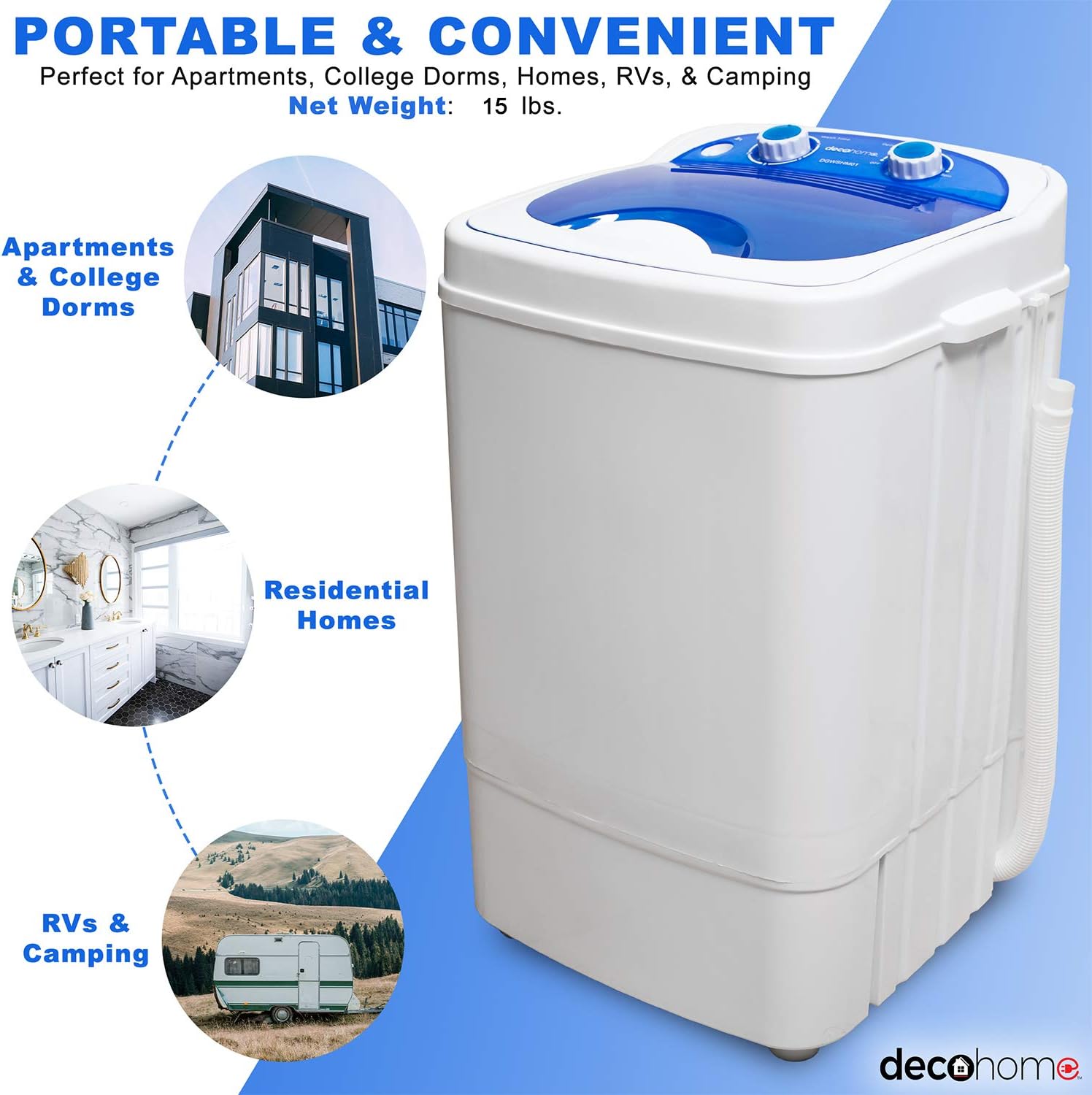Deco Home Portable Washing Machine for Apartments, Dorms, and Tiny Homes with 8.8 lb Capacity, 250W Power, Wash and Low Agitation Spin Cycle, Includes Drainage Hose, ETL Certified