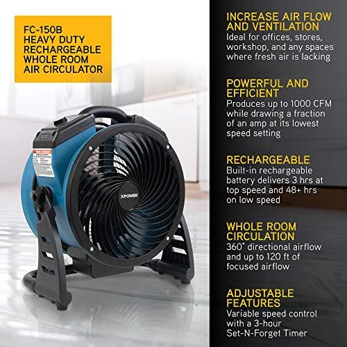 XPOWER FC-150B Portable High Velocity AC/DC Dual Power Operated Portable Rechargeable Battery 18,200mAh Utility Fan, Extended Air Flow, 1000 CFM