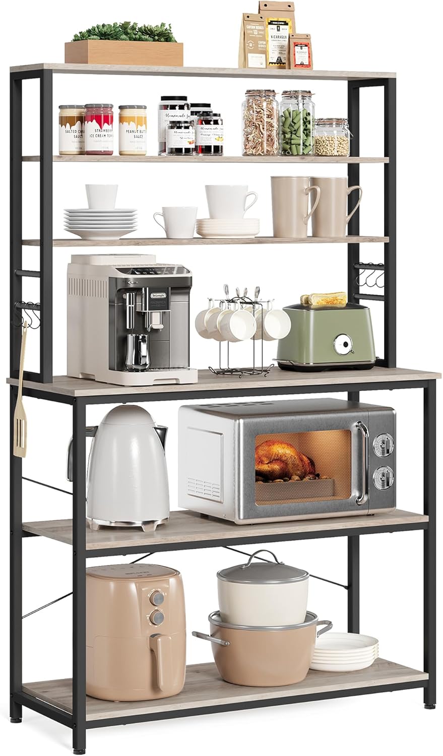 VASAGLE Coffee Bar, 39.4 Inches Baker's Rack for Kitchen with Storage, 6-Tier Kitchen Shelves with 6 Hooks, Microwave Stand, Industrial, Heather Greige and Ink Black UKKS039K02