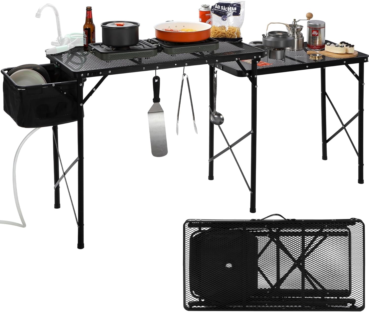 REDCAMP Lightweight Portable Camping Kitchen Table with Sink, Metal Folding Grill Table Cooking Station with Hooks for Outdoor, BBQ, Party and Picnic(Faucet/Sprayer NOT Included)