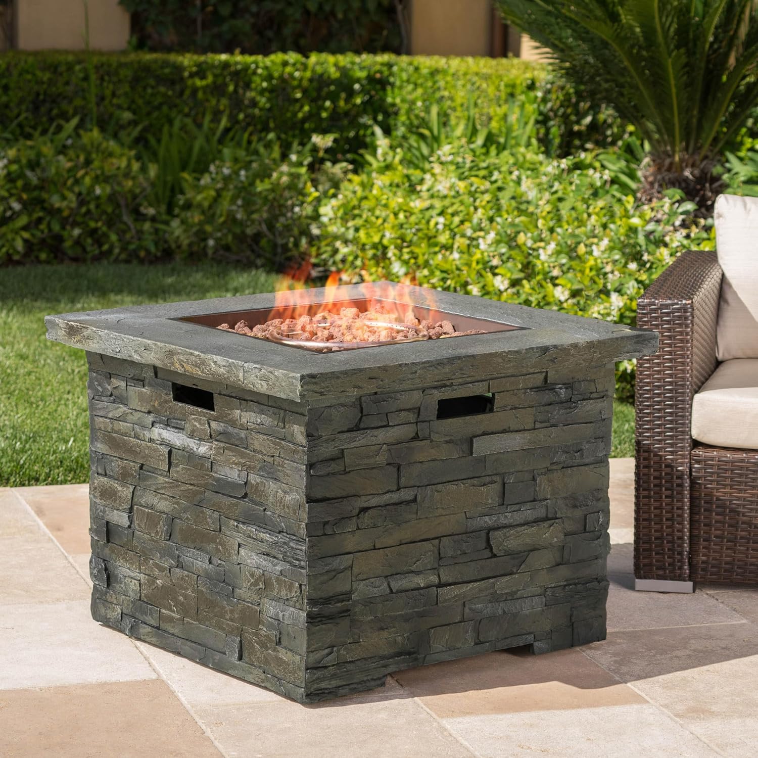 35 Inches Square Fire Pit, 40,000 Btu, Stone Gray – Outdoor Propane Gas Fire Pit with Lava Rocks, Patio, Backyard, and Deck Gatherings (1 Doors)