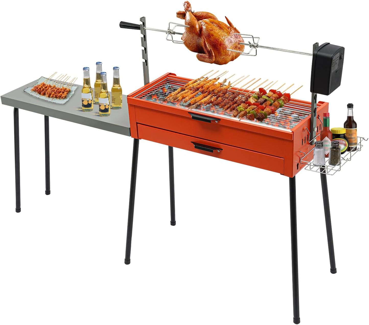 Portable Charcoal Grill, Chinese Portable BBQ Grill Outdoor Barbecue Grill Up To 44.1 Lbs with Removable Storage Basket & Table, Large Hibachi Grill Outdoor for Camping Travel Party, 烧烤炉 烧烤架