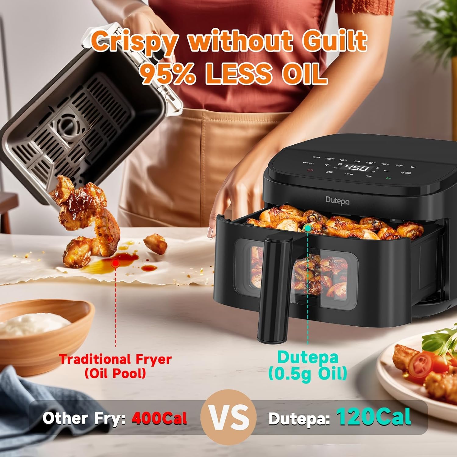 Air Fryer 8-in-1, 4.5Qt Air Fryer, Space-Saving & Compact with DC Motor, Fast & Crispy Cooking, Adjustable Fan Speed, 95% Less Oil for Healthy Family Meals, Dishwasher Safe