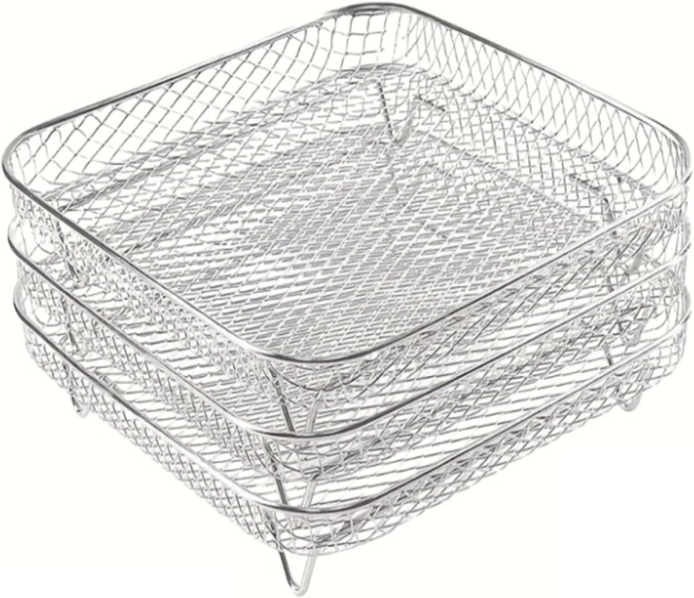 1/3Layer Stainless Steel Air Fryer Accessories Stackable BBQ Grill Rack Food Frying Basket Multipurpose for Baking Cooking Tool(Square 3 Layers)
