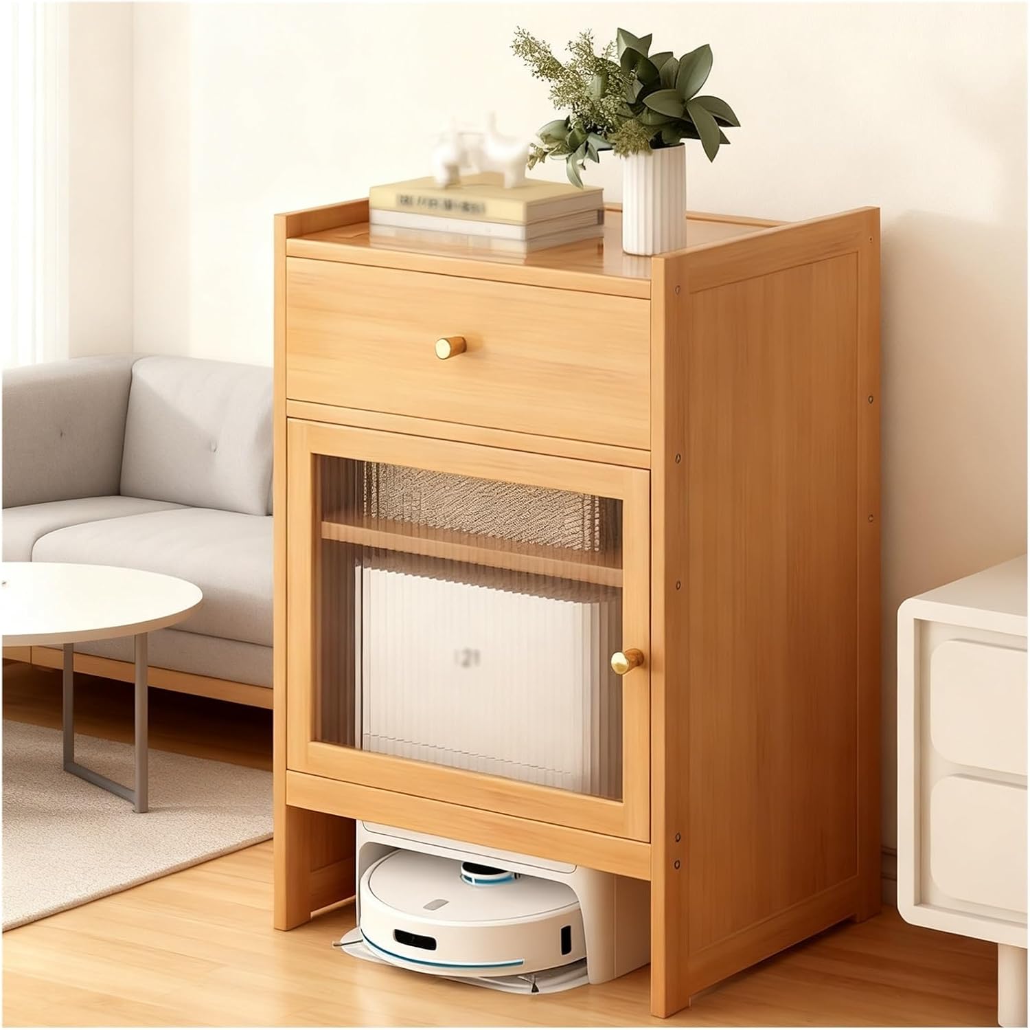 Vacuum Cabinet Storage, Robot Vacuum Storage Side Table End Table Cabinet for Living Room, Home Office, Kitchen, Easy to Clean(Natural)