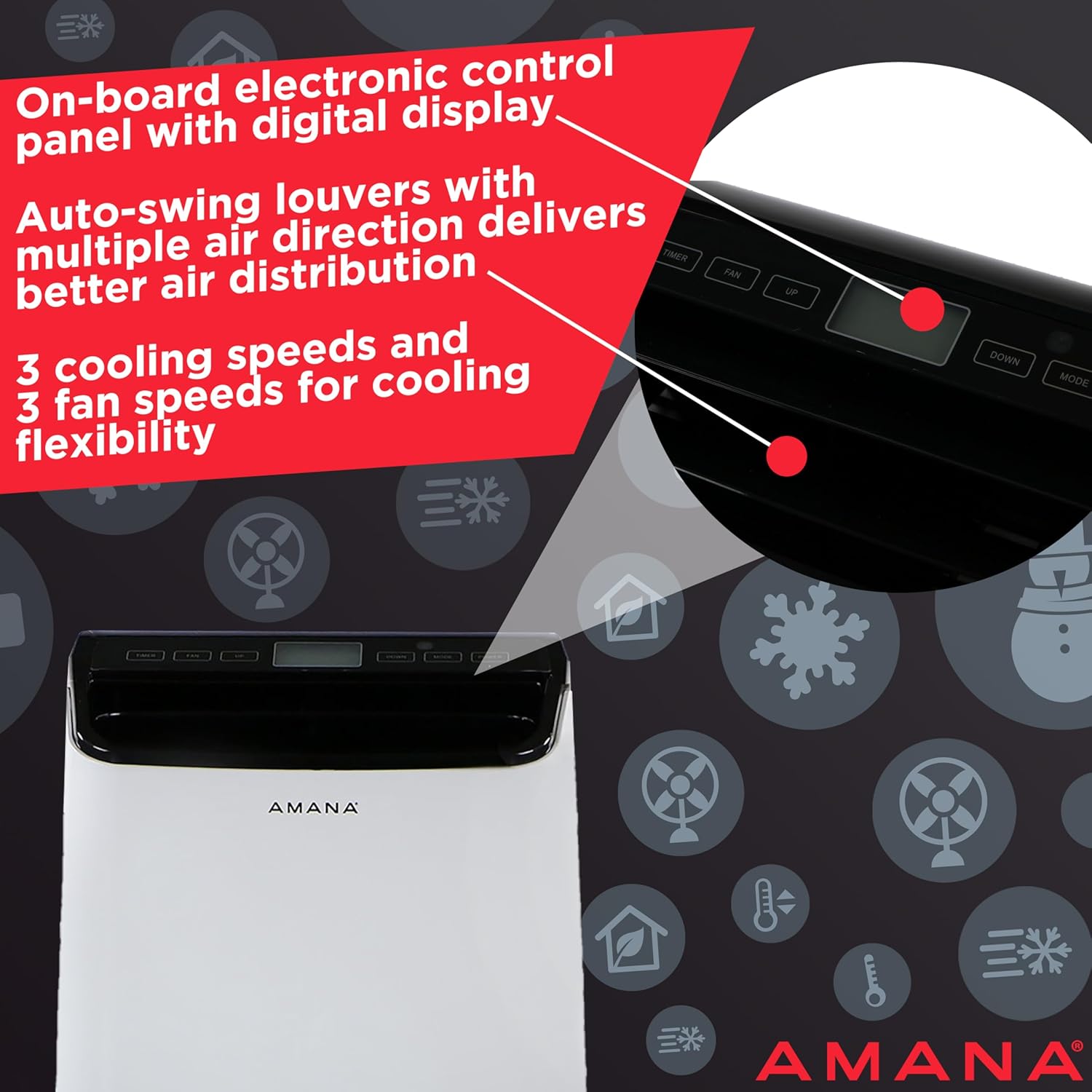 Amana 10,000 BTU Portable Air Conditioner for Living Room, Bedroom, Basement, Kitchen, 115V, Cools up to 350 Sq.Ft. with Remote, 24H Timer, 3-Speed, LCD Display, Auto-Restart, Wheels, White/Black