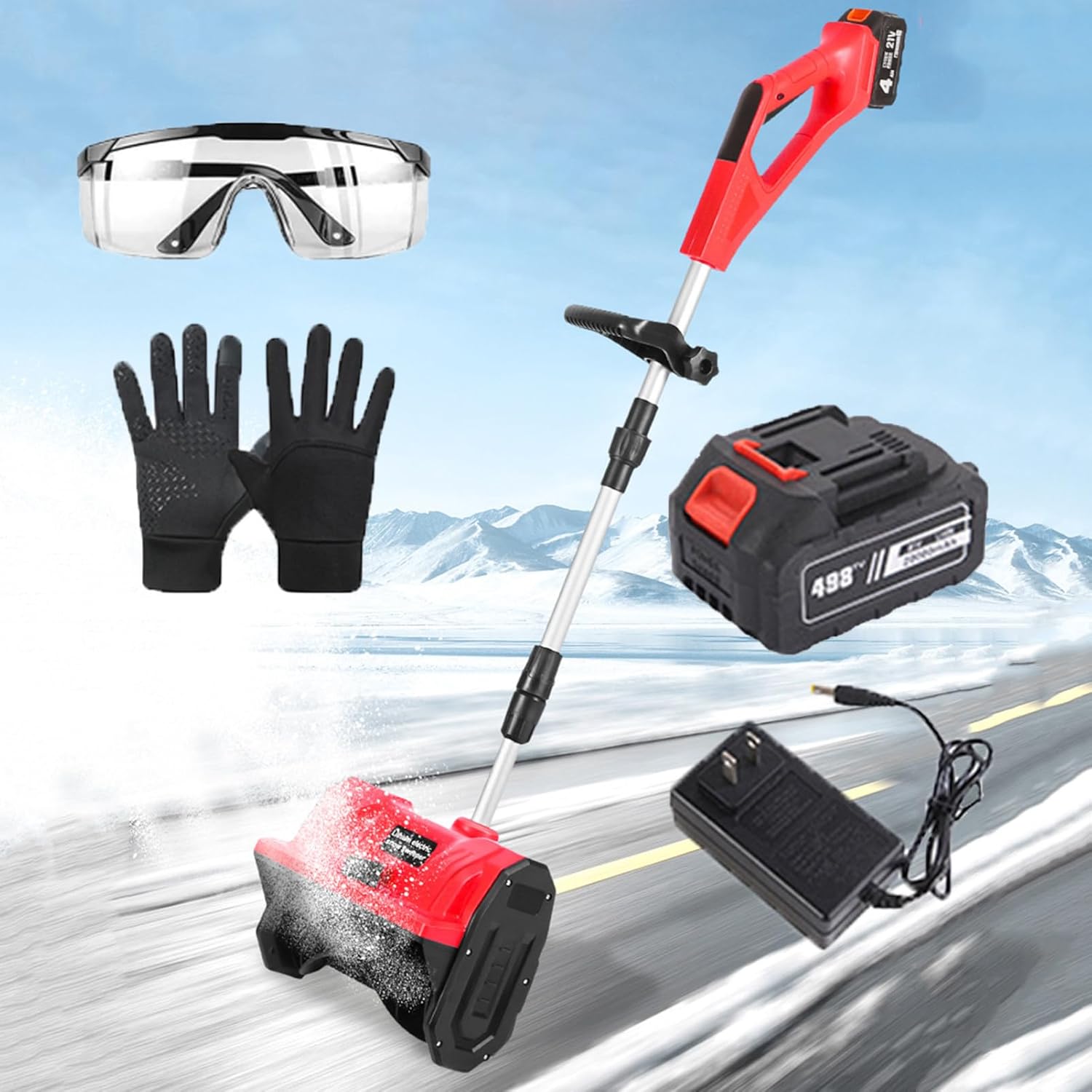 Retractable Snow Blower, Electric Cordless Snow Shovel, with Adjustable Front Handle & Directional Plate for Patio Deck Driveway,Red-1Battery