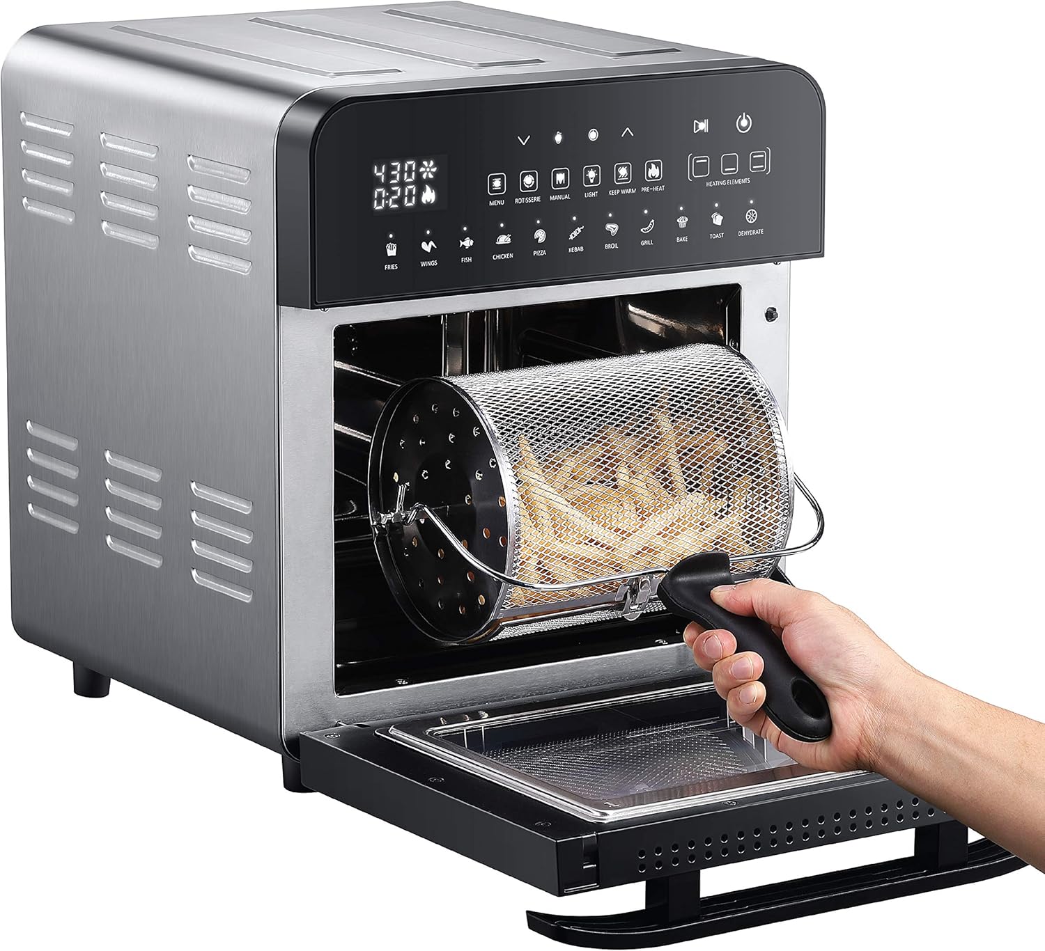 GoWISE USA 14.7-Quart Air Fryer Grill with Dual Heating Elements & Oven with Rotisserie, Dehydrator, Preheat and Broil Functions + 11 Accessories with 2 Recipe Books (Stainless Steel/Black), Ultimate