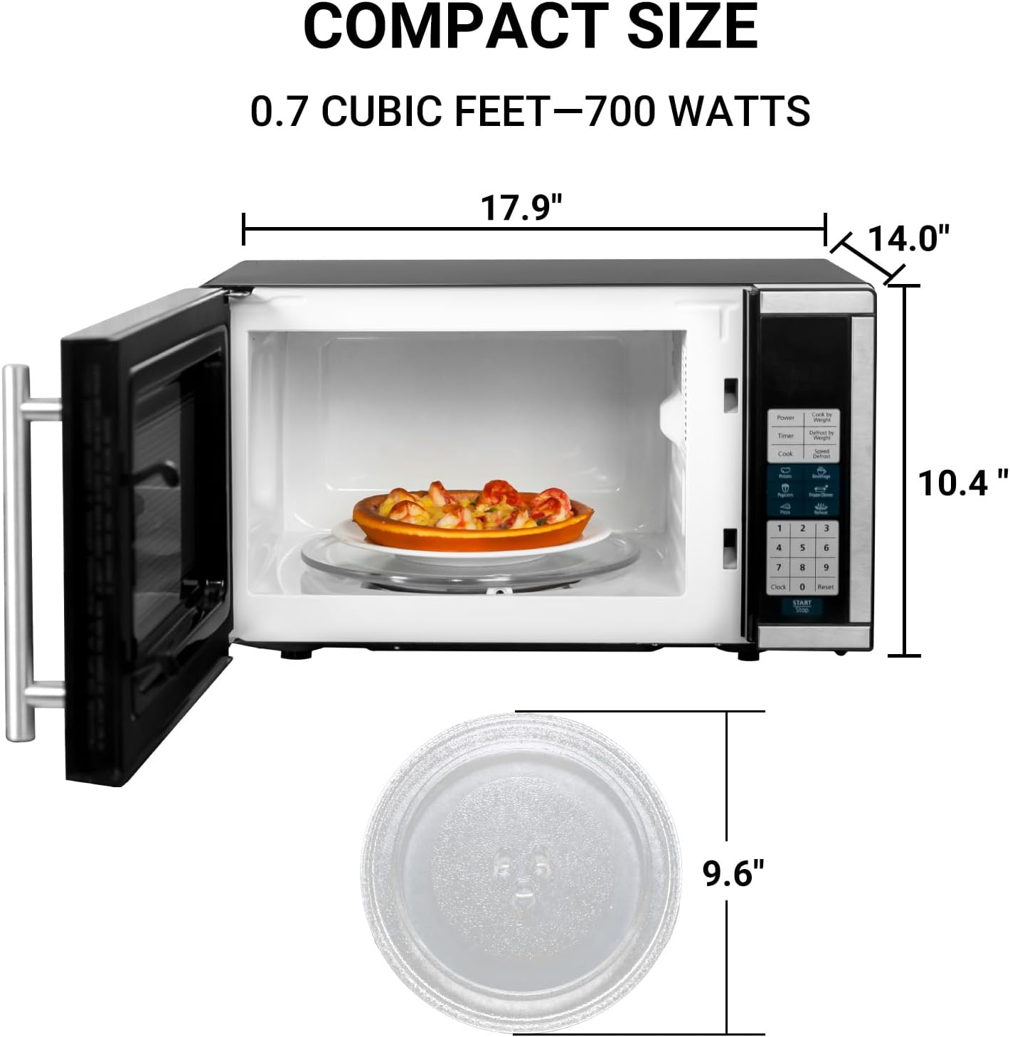 Smad 0.7 Cu.Ft Small Microwave, Countertop Microwave Oven with Removable Turntable, 6 Auto Menus and Child Lock, Mini Oven microondas for Apartments, Dorm and Kitchen, Stainless Steel, 700W