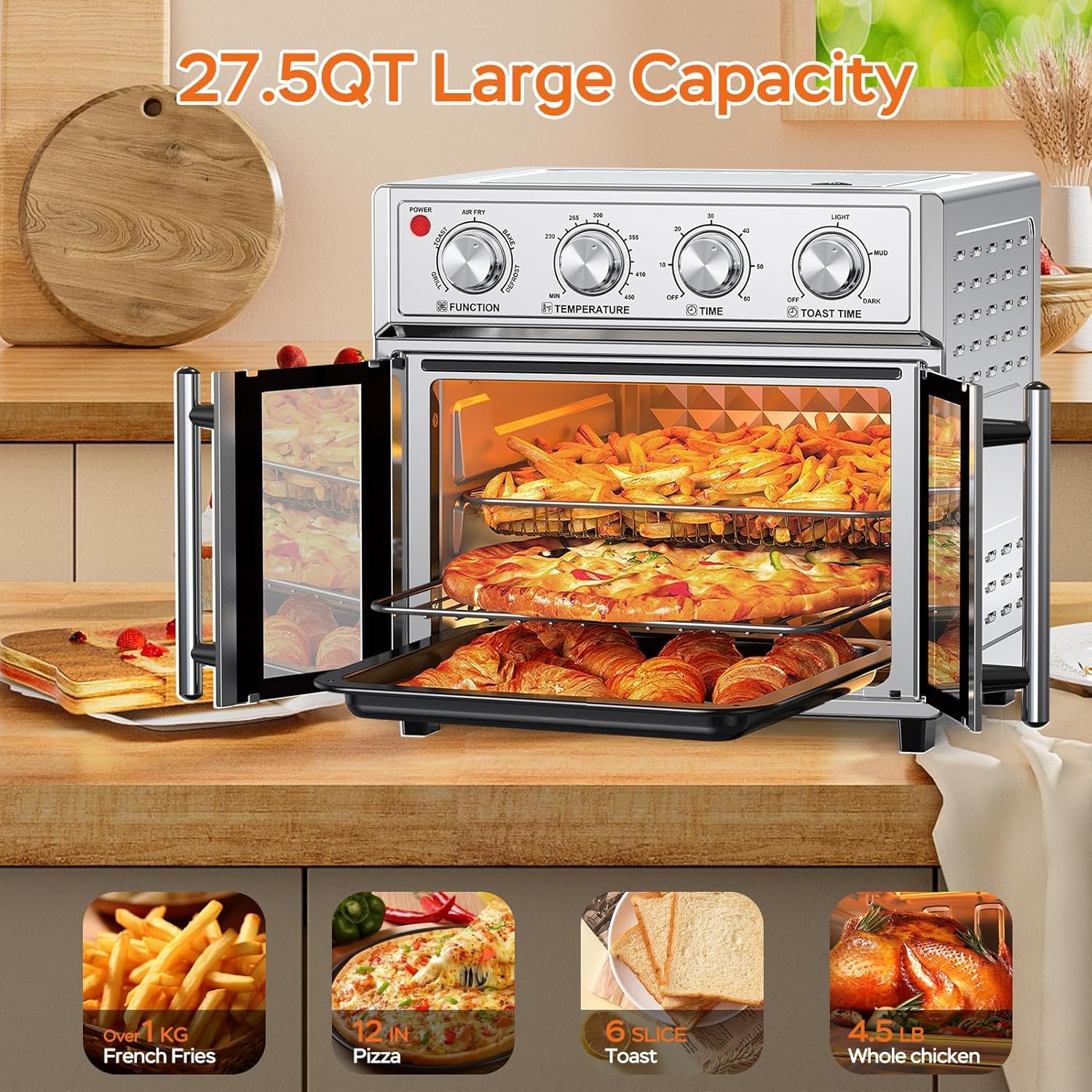 27.5QT French Door Air Fryer Toaster Oven Combo, Countertop Oven for 4 to 6 Family, Stainless Steel Large Toaster Oven for Baking, Roasting, Includes Accessories,Stainless Steel