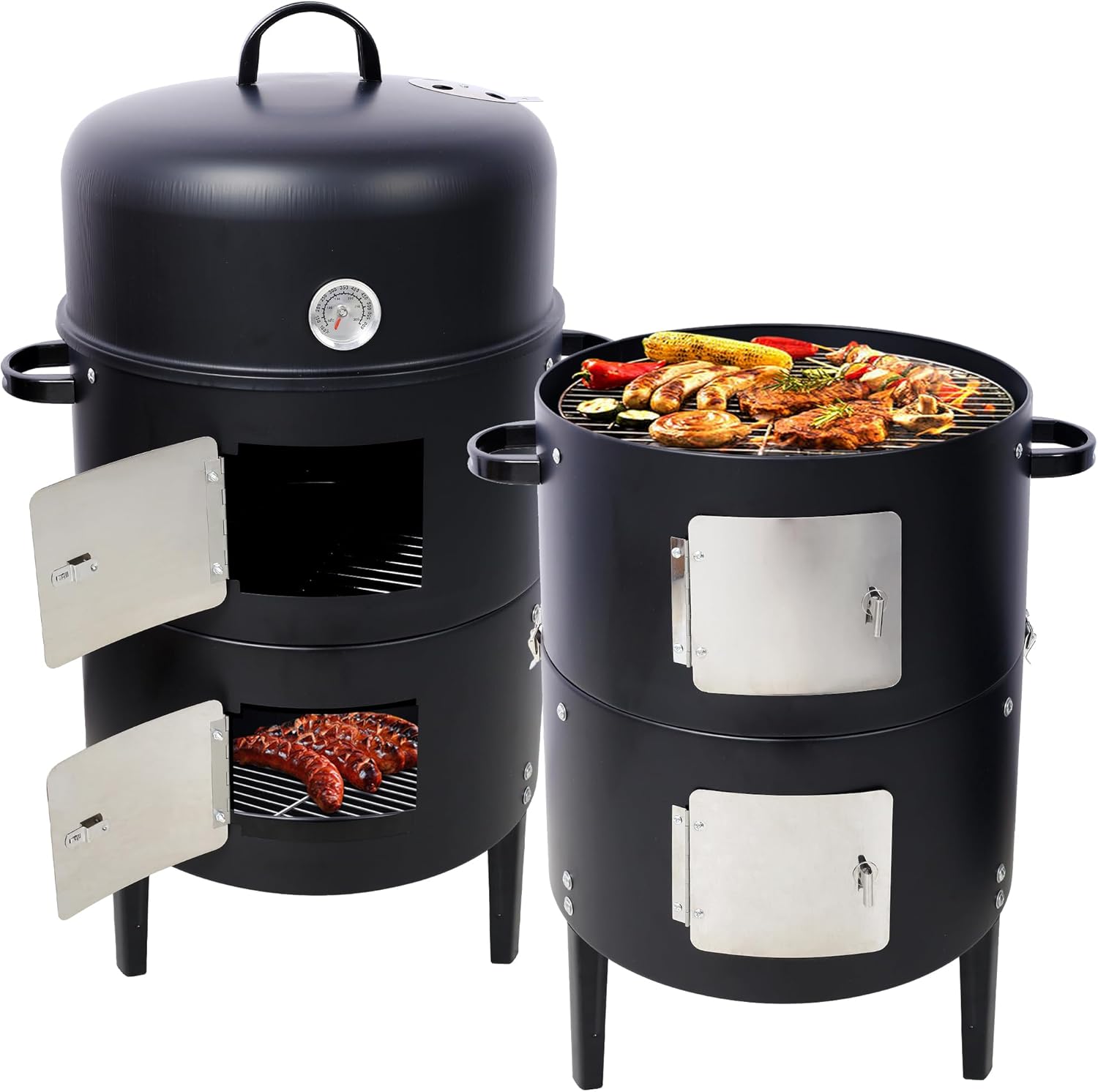 17 Inch Multi-Layer Charcoal Smoker, Heavy Duty Round BBQ Steel Smoking Grill with Thermometer for Outdoor Home Party