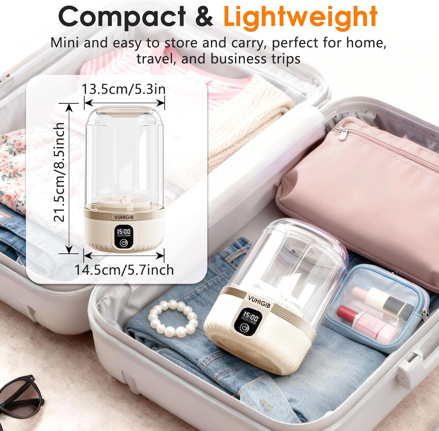 Portable Washing Machine, 7000mAh Rechargeable Wireless Washer with 10 PCS Clothespins Deep Cleans Baby Clothes Underwear Socks Delicates 1.5L Mini Washer for Travel Camping Dorm RV Apartment (Khaki)