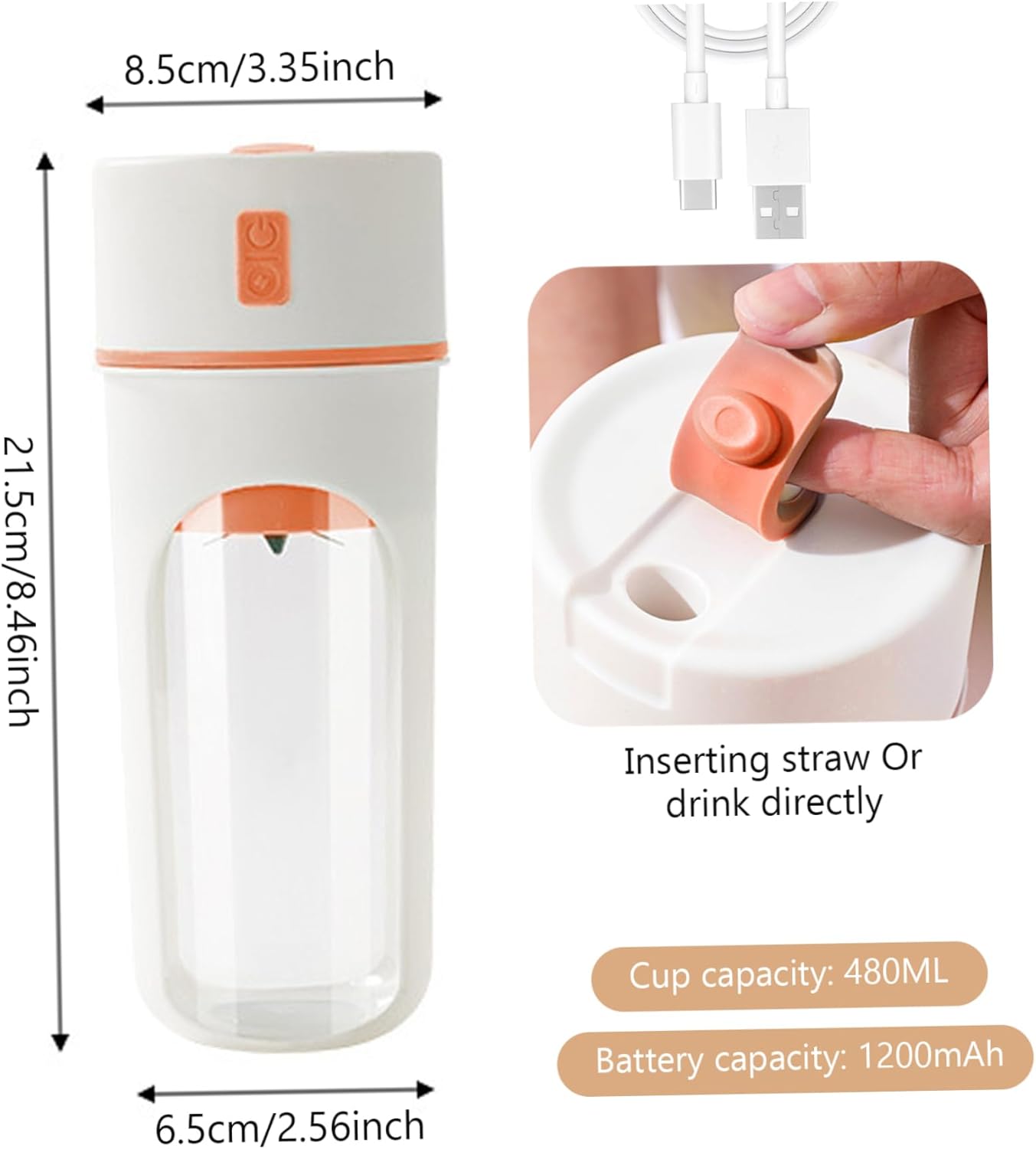 480 ml Portable USB Juicer Blender with 6-Blade Head, Rechargeable Mini Blender Cup for Shakes, Protein Drinks-Ideal for Office, Gym, Kitchen & Travel