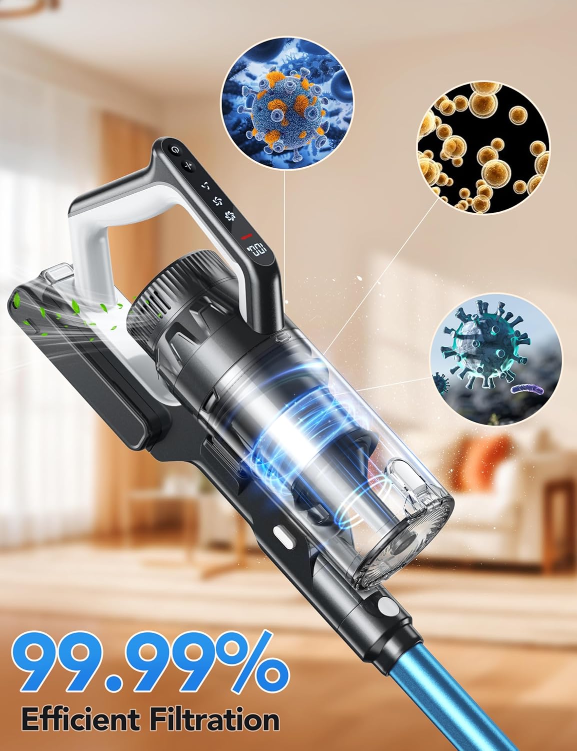 Cordless Vacuum Cleaner, 23000pa Powerful Lightweight Stick Vac with LED Headlights, 45min Runtime, 3 Modes, Removable Handheld Vac with HEPA Filter for Carpet, Hard Floor, and Pet Hair (Blue)