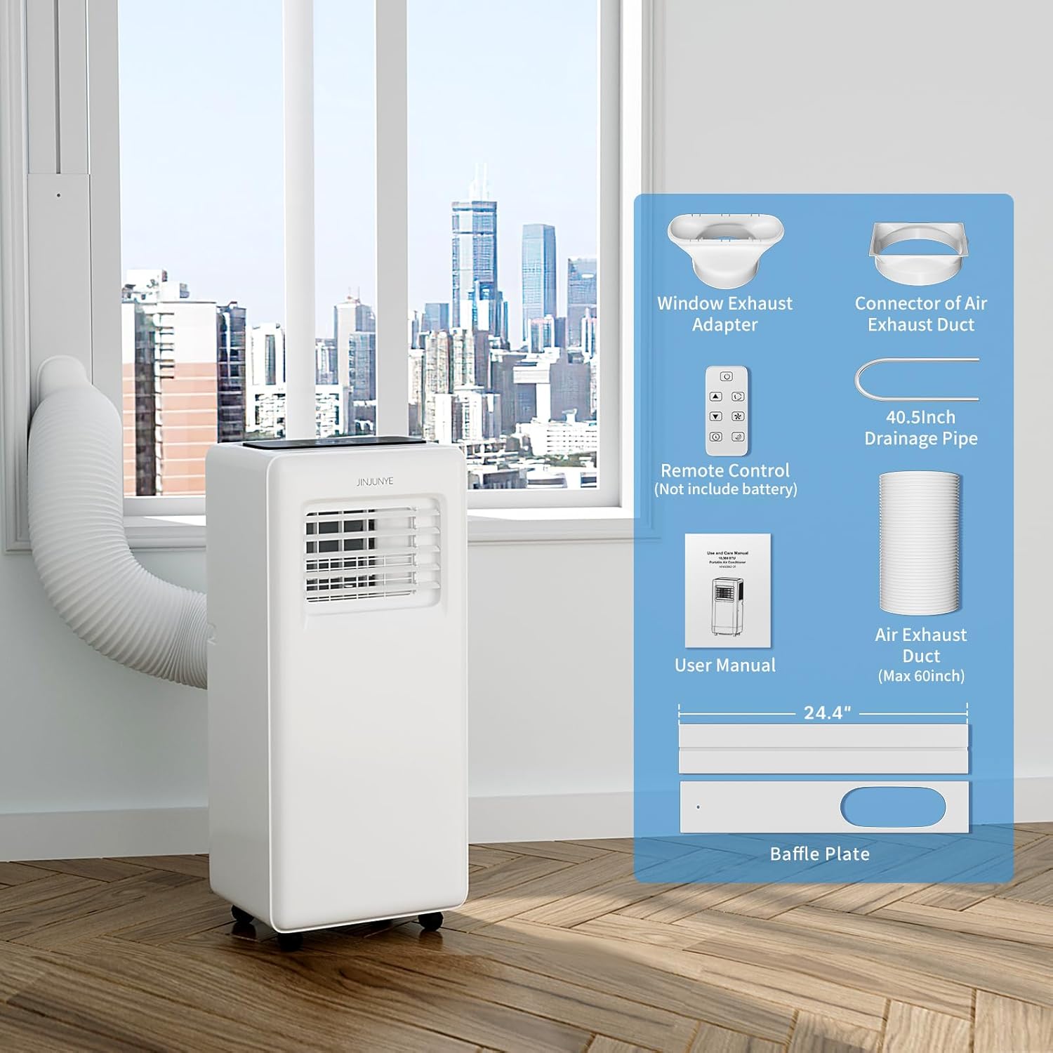 JINJUNYE Portable Air Conditioners 10,000 BTU 4-In-1 with 7 Color LED Light, Portable AC Unit Dry, Fan, Sleep Mode, Cool Up to 450 Sq.Ft, 24H Timer, Window Kit (Battery not Included)