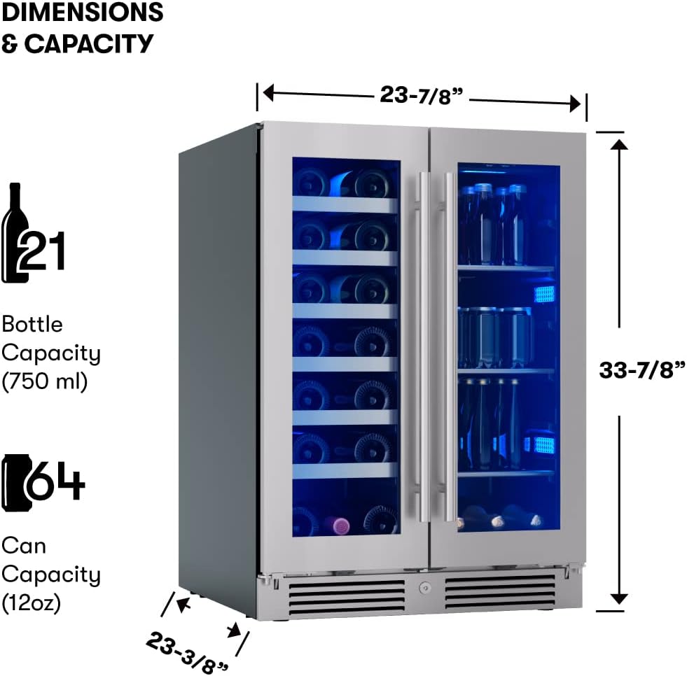 Zephyr Presrv 24 Inch Wine Fridge & Beverage Refrigerator Dual Zone Under Counter - Wine Cooler Cellars Small Beer Fridge Cabinet Drink Chiller Freestanding with French Glass Door 21 Bottles, 64 Cans