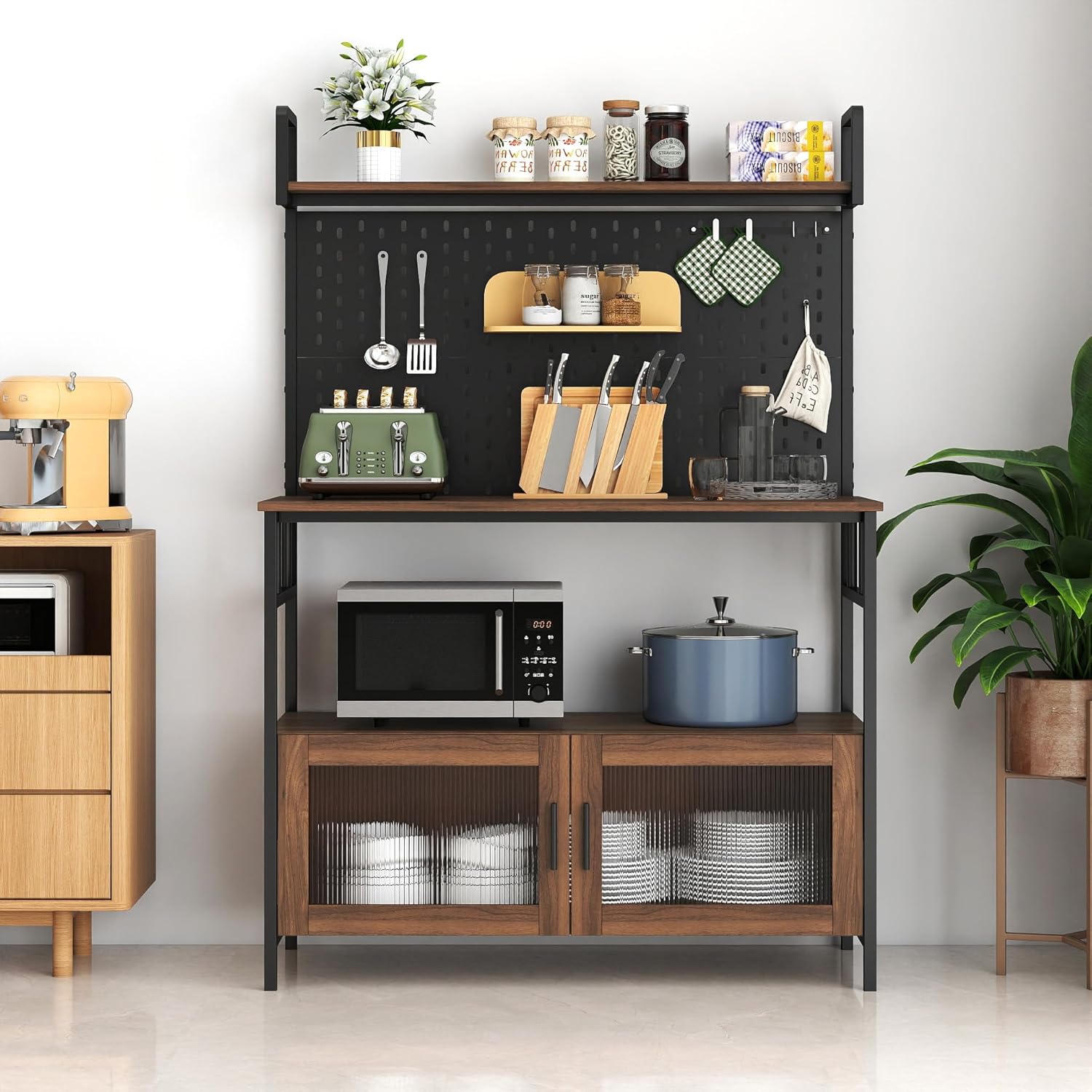 Kitchen Bakers Rack with Door, Microwave Oven Stand, Utility Storage Shelf, Durable Kitchen Organizer for Small Spaces