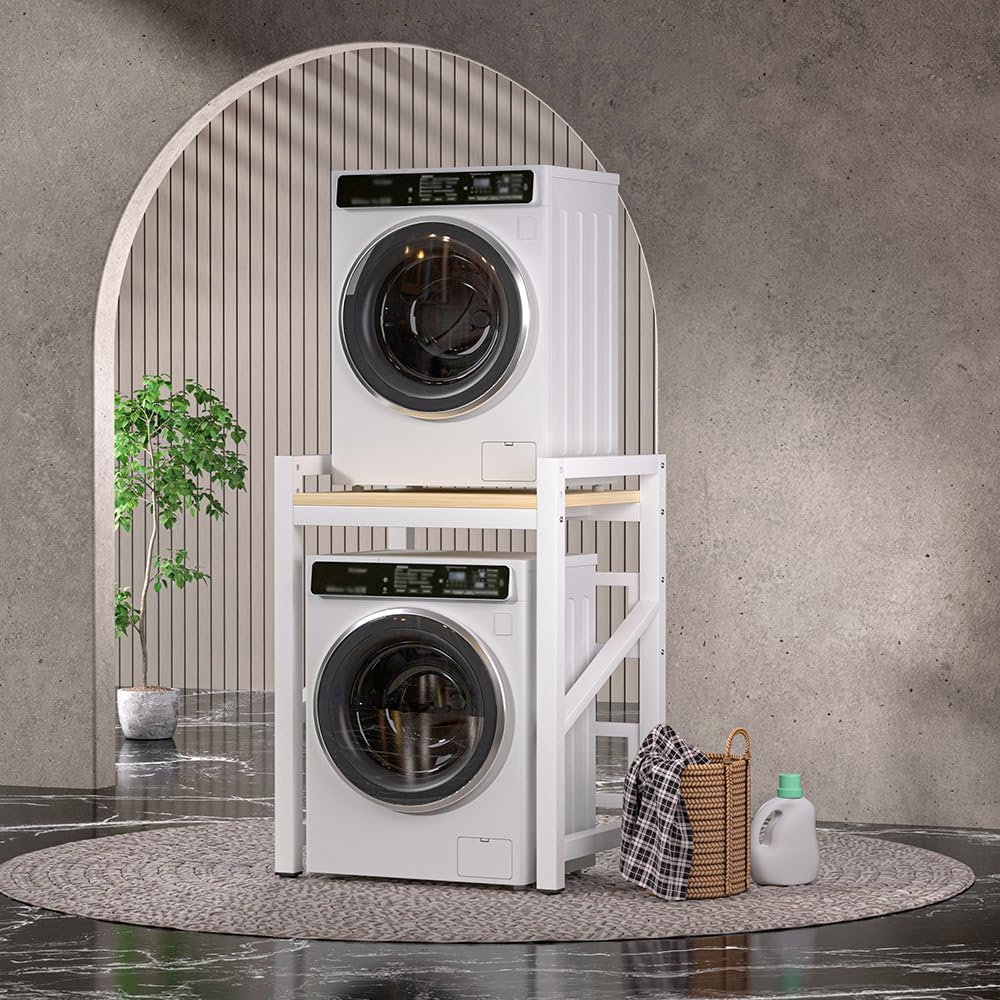 Over The Washer and Dryer Storage Shelf, Height Adjustable Machine Stacking Rack, Space Saver Metal Frames (Black)