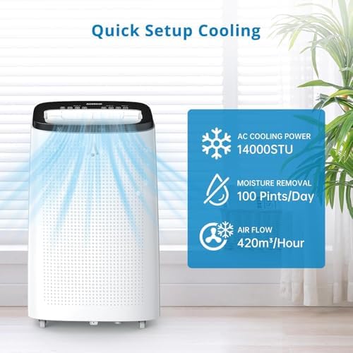 14000 BTU Portable Air Conditioner with Dehumidifier & Fan - 3-in-1 Cooling Unit for Rooms Up to 750 Sq.Ft, 90Pints/Day Dry Mode, 50dB Ultra Quiet, Self-Evaporative, Window Kit Included