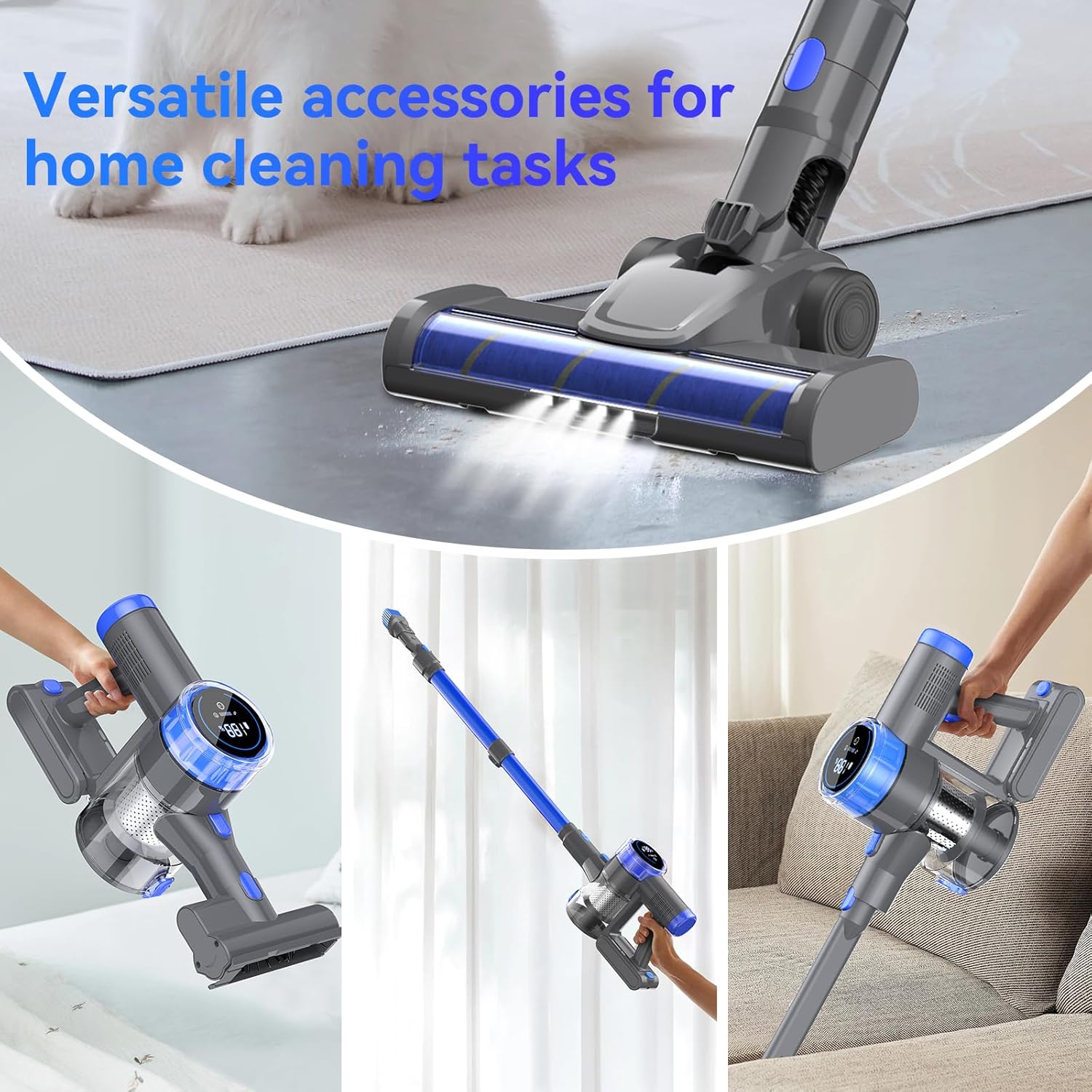 Cordless Vacuum Cleaner, 10 in 1 Powerful Suction Lightweight Vacuum Cleaner for Home, 45Mins Detachable Battery with LED Display Self-Standing Stick Vacuum for HardFloor/Carpet/Pet Hair