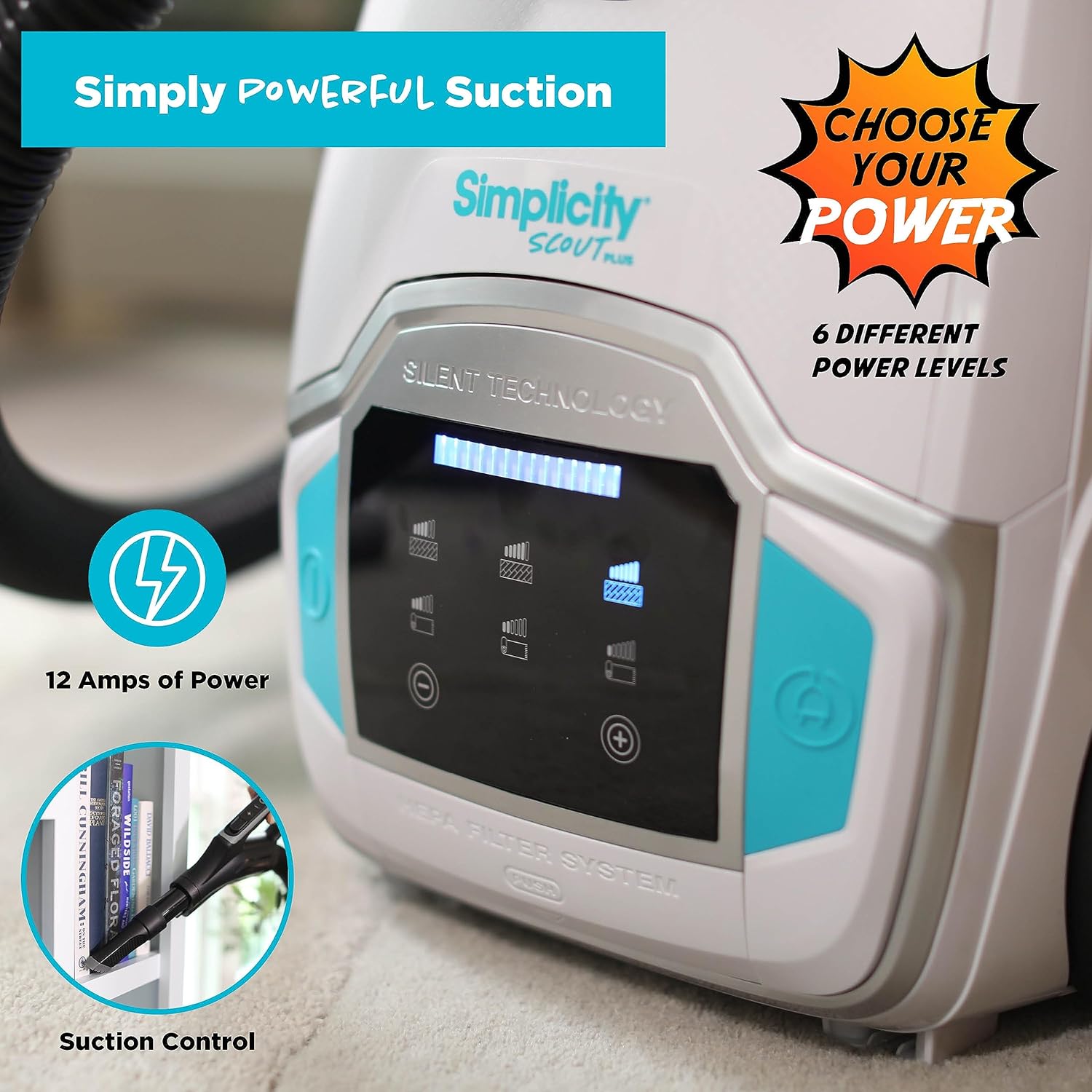 Simplicity Vacuums Scout Plus Canister Vacuum Cleaner, Vacuum Cleaner Carpet and Floor Sweeper with Multifunction Digital Control Panel and Extendable Wand