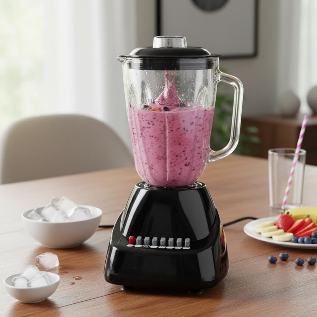 Alpine Cuisine 10-Speed Blender with 50oz Glass Jar, 450W High-Power Kitchen Countertop Mixer for Smoothies, Shakes, Crushing Ice, and Pureeing, Stainless Steel Blades, Pulse Function, Black