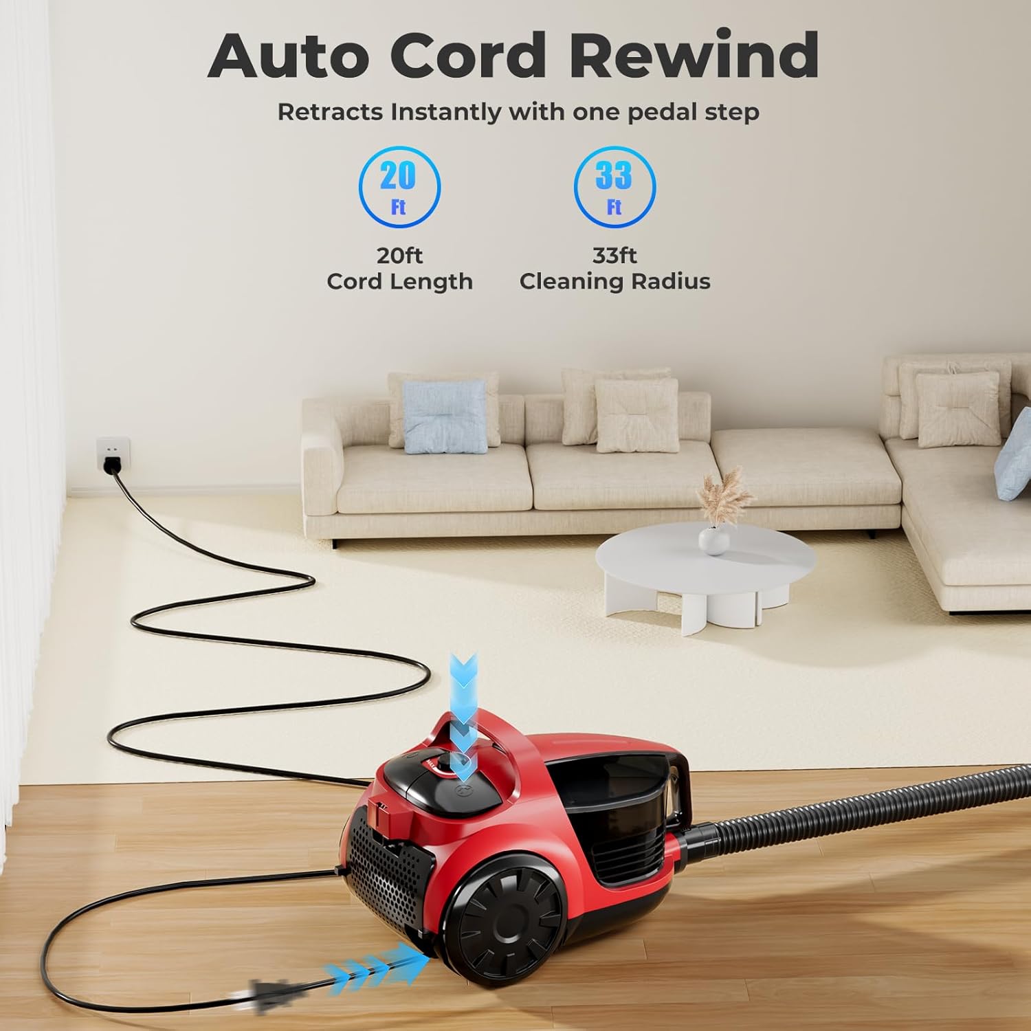 1600W Canister Vacuum Cleaner, Bagless Vacuum Cleaner with 45kPa Strong Suction, 4L Large Dust Cup, Variable Speed Control, 5 Tools, Lightweight Canister Vacuum for Home, Pet, Carpet, Hard Floor