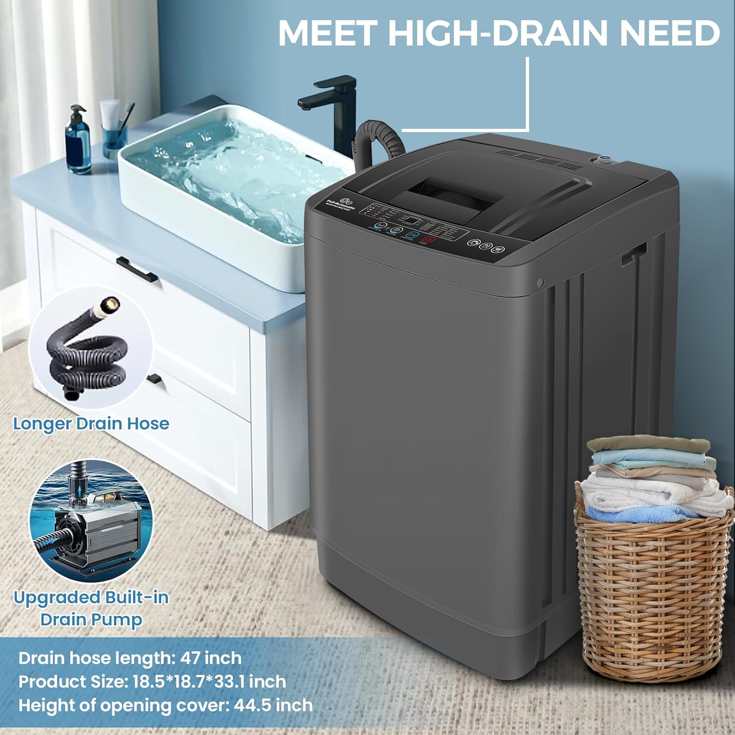 Nictemaw Portable Washing Machine 17.8Lbs Portable Washer with Drain Pump, 2.4 Cu.ft Compact Washer Machine with 10 Programs 8 Water Levels, Compact Laundry Machine for Apartment, Home, Dorms, Rv