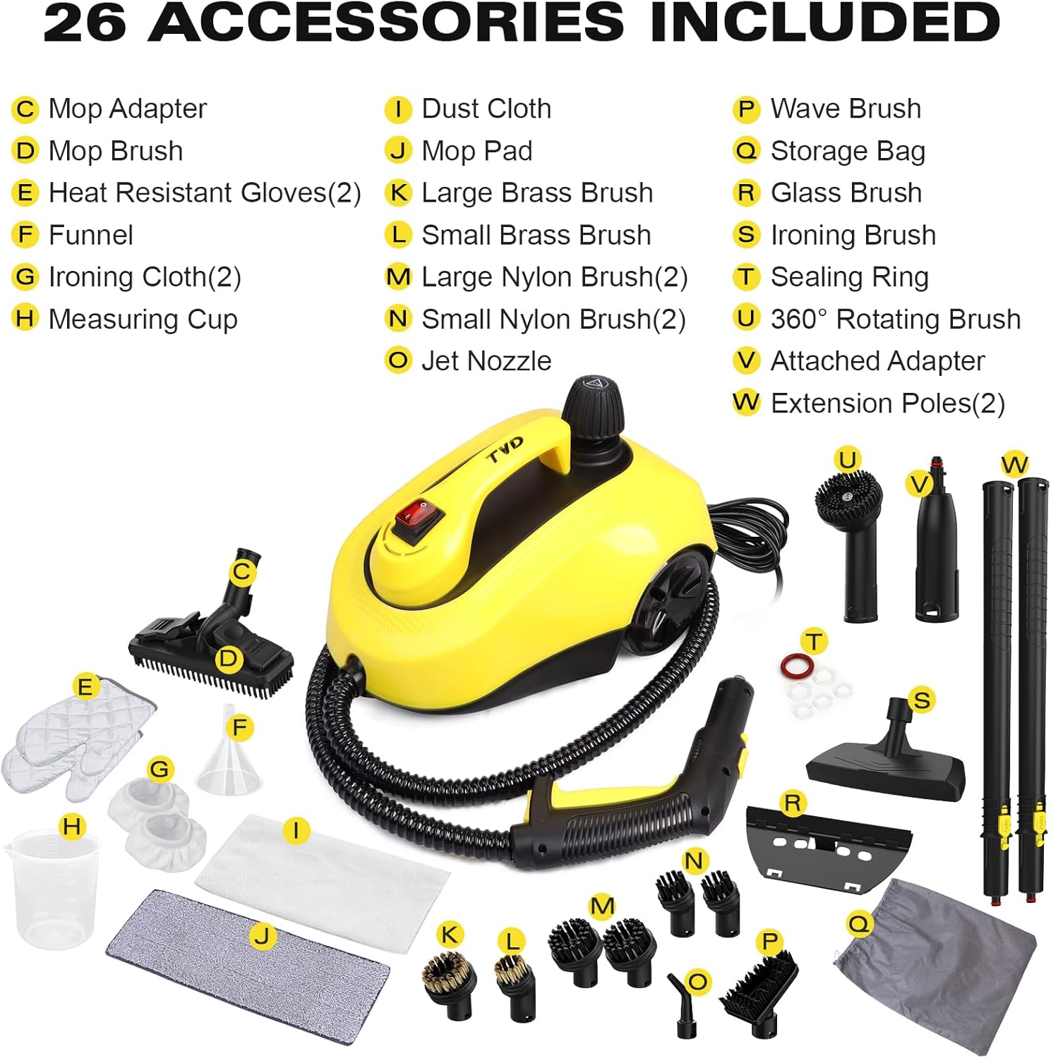 TVD Steam Cleaner, Heavy Duty Canister Steamer with 26 Accessories, Steam Mop with 5M Extra-Long Power Cord for Home Floor Cleaning, Car Detailing, Grout, Upholstery.