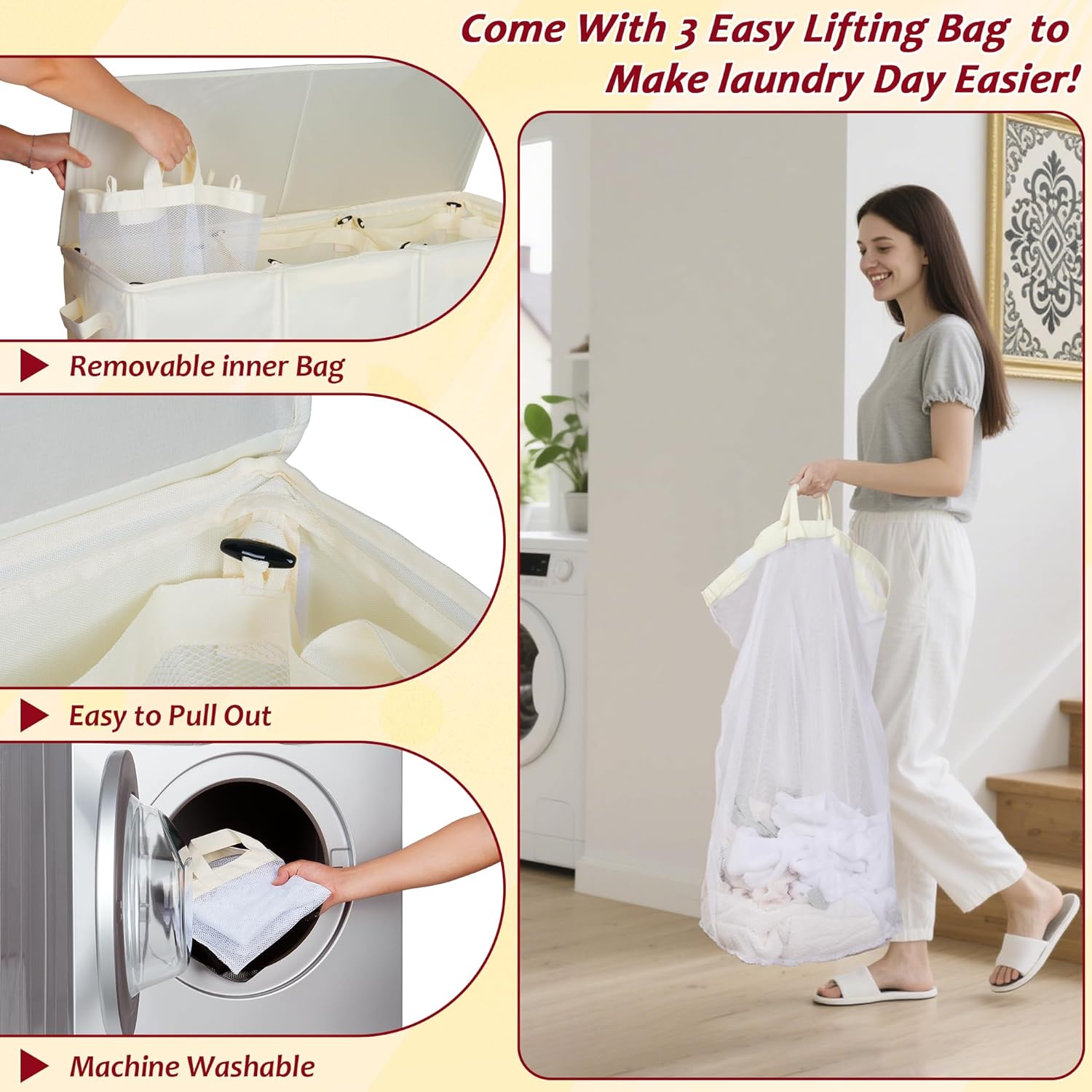 150L Laundry Hamper 2 Section, Large Laundry Hamper with Lid, Dirty Clothes Hamper with 2 Removable Inner Bags, Collapsible Laundry Basket Organizer for for Clothes Toys Towels, Hamper 2 Compartment