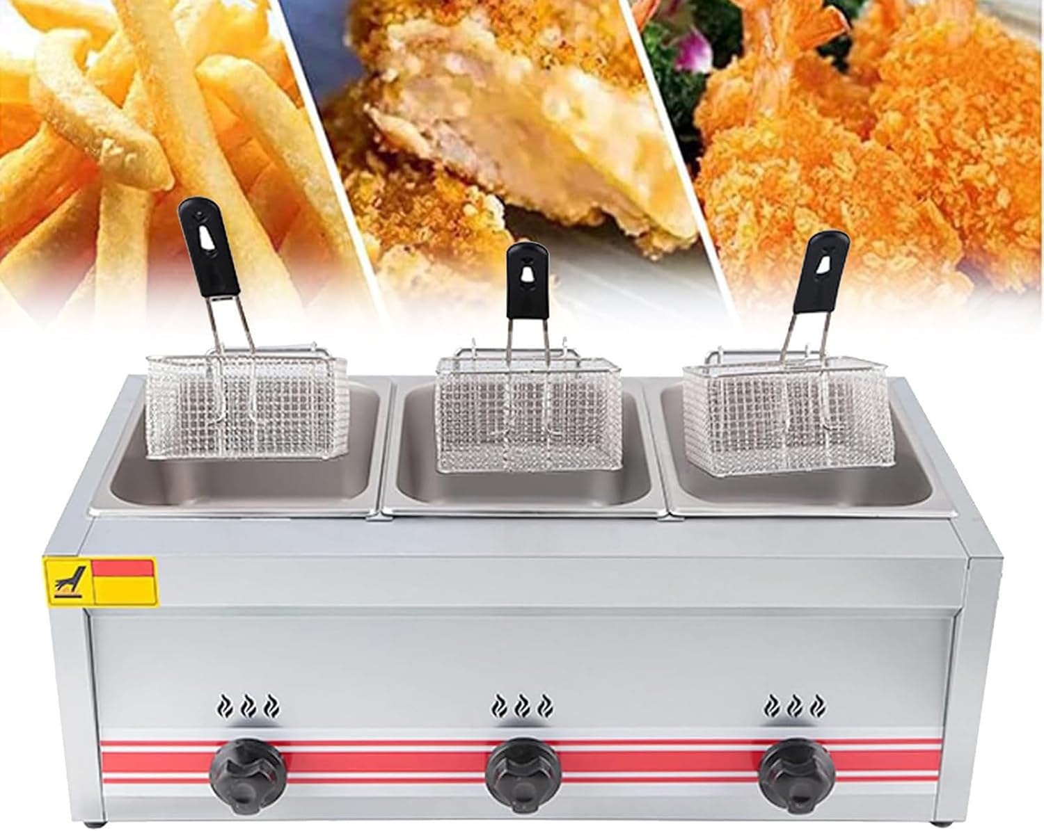 Professional Commercial Gas Fryer Stainless Steel, Adjustable Firepower, Large Capacity Double Fryer, With Baskets And Lid, Easy Cleaning Triplecylinder10l+10l+10l