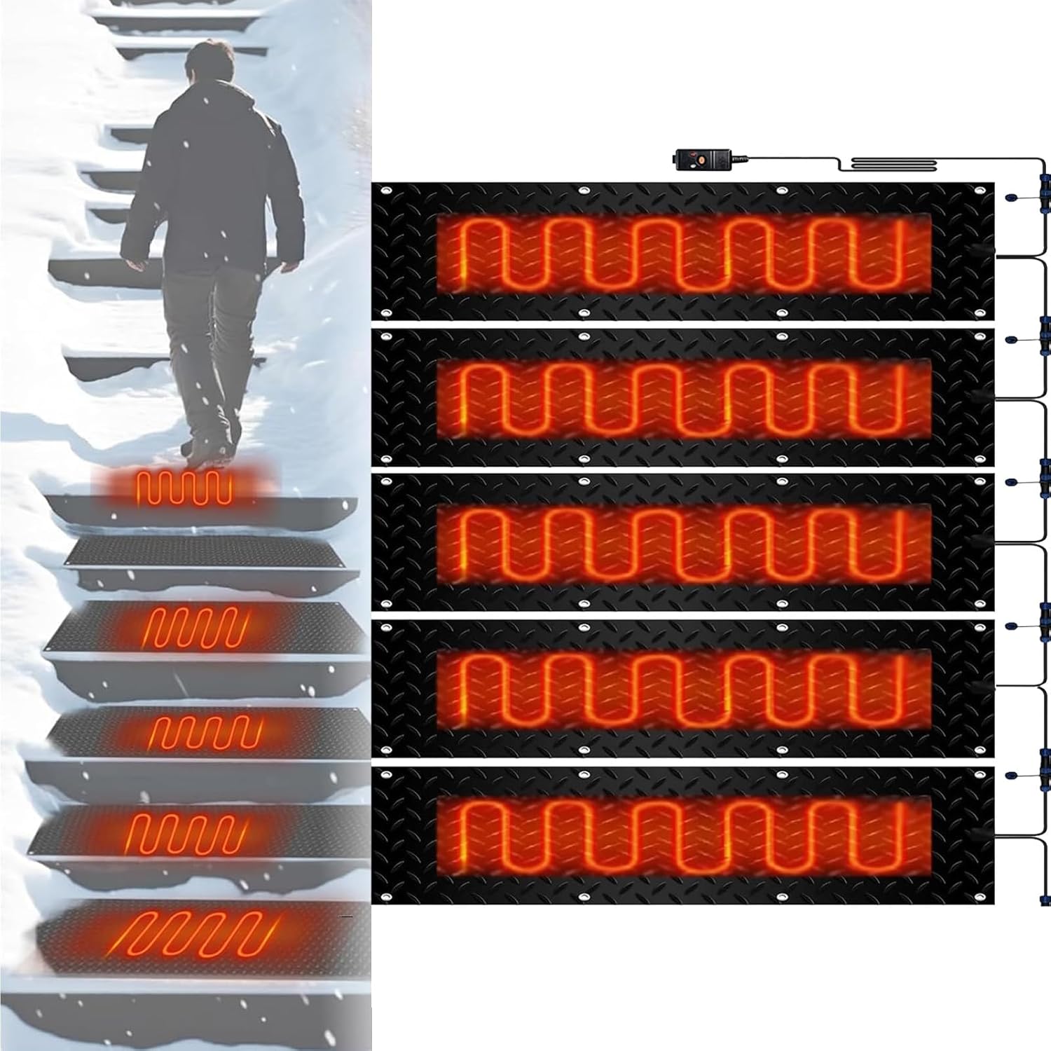 Heated Snow Melting Mats for Entrances, Non-Slip De-Icing Mats for Decks, Heated Outdoor Walkway Mat Heated Driveway Pad, Winter Removal and Ice Melt Products for Stairs, Steps(5 Pcs,10in*48in/25.4cm*