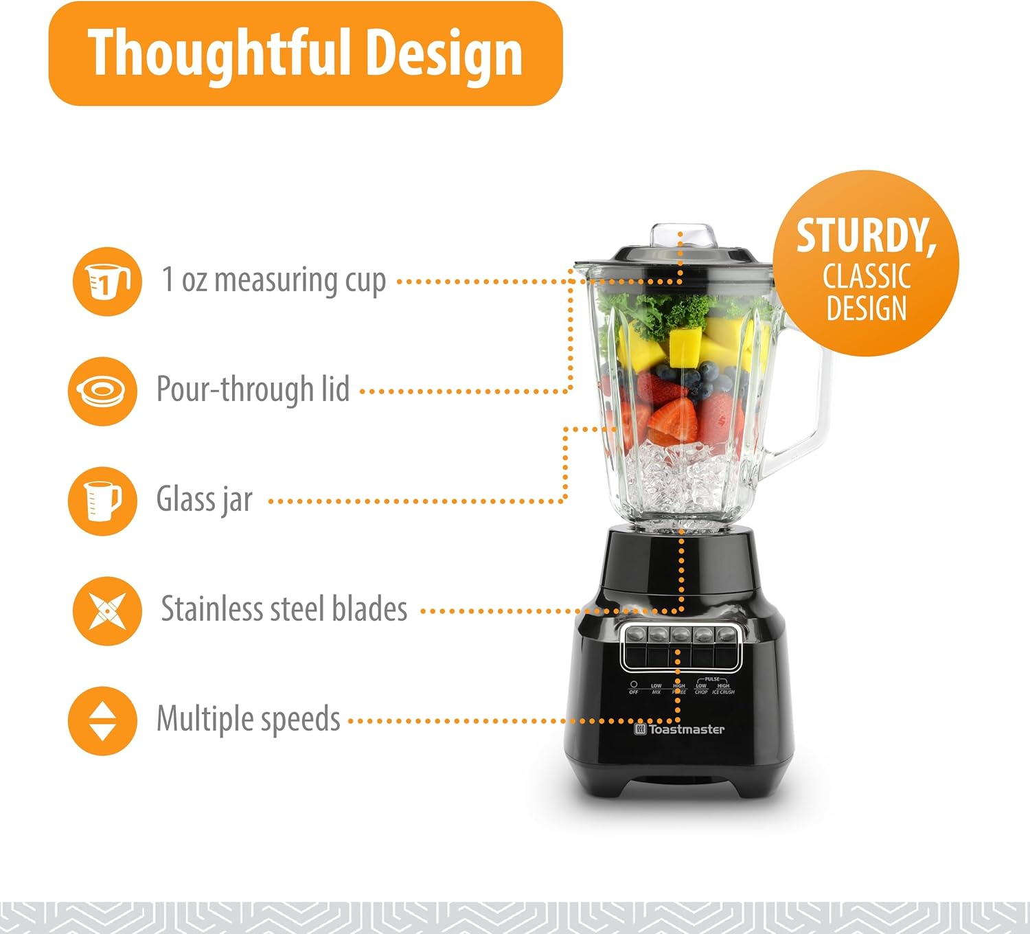 Toastmaster 400 Watt Blender with 48 oz Glass Jar - For Fruit Smoothies, Shakes & More - Powerful Kitchen Blender with Multiple Speeds - Stainless Steel Blades