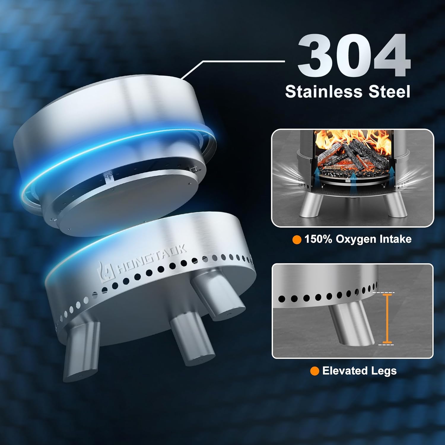 Smokeless Fire Pit with Waterproof Bag, 20 Inch Stainless Steel Fire Pits for Outside Wood Burning, Smokeless Firepit Outdoor Bonfire, Removable Ash Pan, Portable for Camping, Backyard