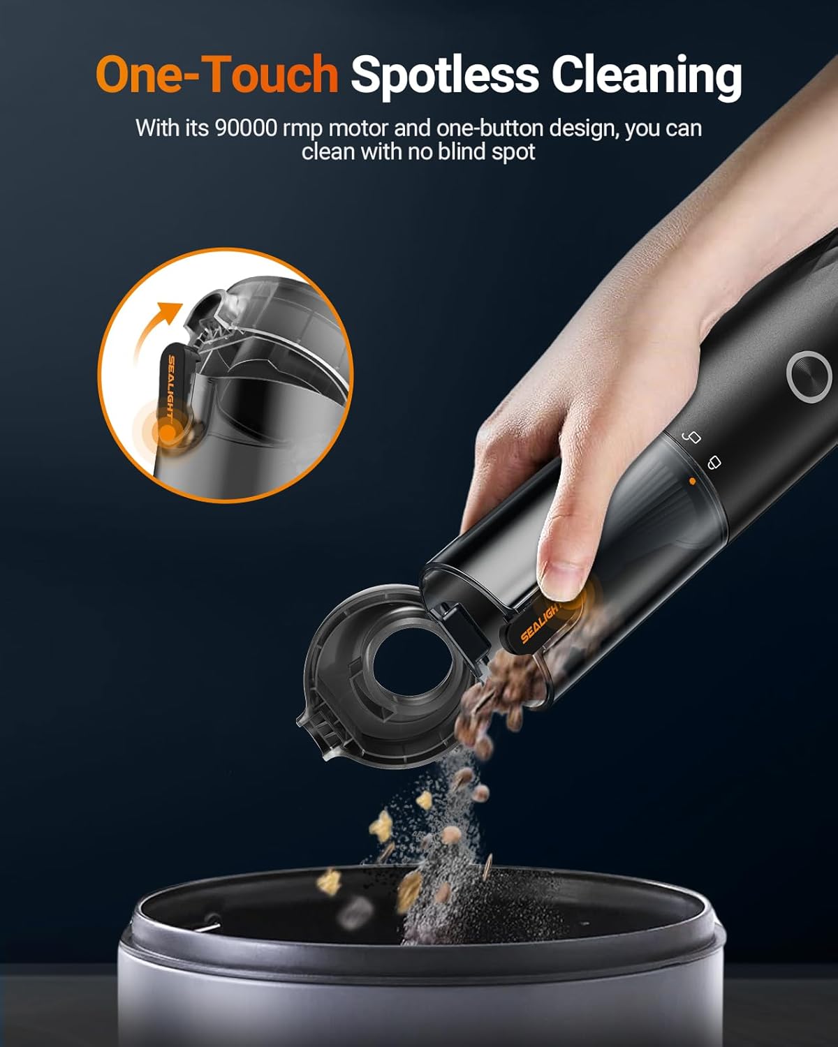 SEALIGHT Car Vacuum Portable Cordless, Handheld Cordless with High Power, Type-C Charging, 2 Suction Modes, Up to 40 Mins Runtime, Small Mini Vacuum for Car, Pet, Home