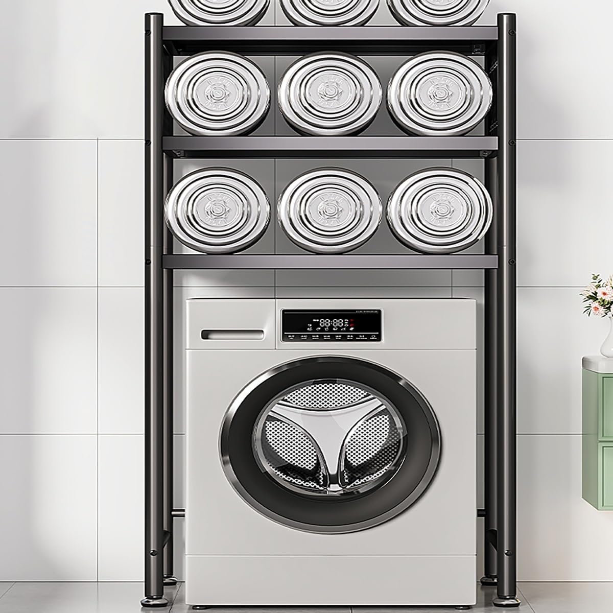 3 Tiers Over Washer and Dryer Shelves, Steel Washer-Dryer Stacking Rack Stand with Wheels, All Steel Laundry Room Organizer Standing Shelf with Perforated Board for Bathrooms, Bedroom, Balcony(Black,7