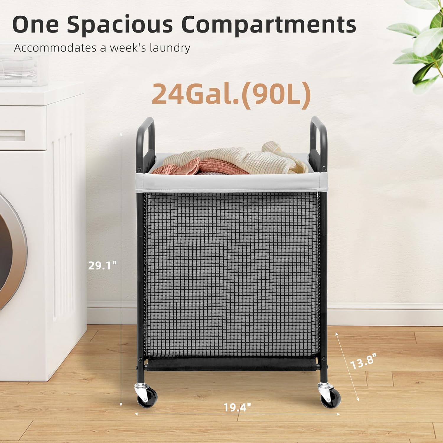 STORAGE MANIAC Rolling Laundry Hamper with Wheels 1-Section Laundry Sorter Rolling Laundrys Basket on Wheels with Removable Bag Clothes Hamper Laundrys Organizer Cart Bathroom Bedroom 90L Grey