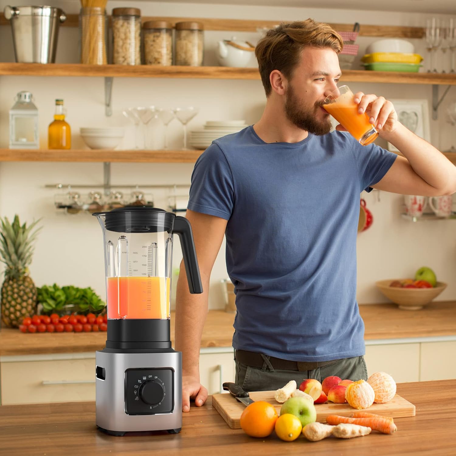 LDAILY Professional Blender, Heavy Duty Smoothie Maker w/ 1500W Motor, 68 oz Tritan Jar, 6 Stainless Steel Blades, 5-Level Speed Control & 5 Preset Modes, Blender for Milkshake & Juice, Silver + Black