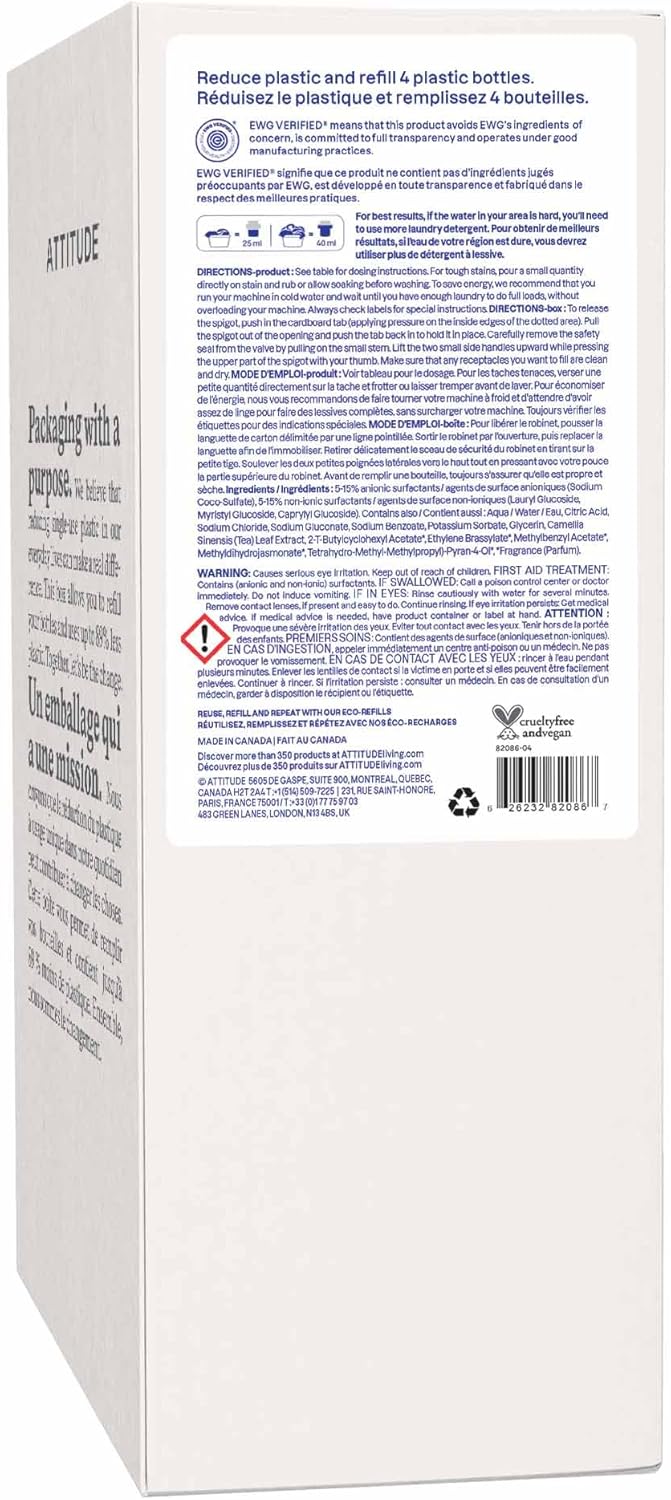 ATTITUDE Liquid Laundry Detergent Refill, EWG Verified, HE Compatible, Plant-Based & Vegan, Natural Laundry Soap, Pink Grapefruit Scent, 160 Loads, 135.26 Fl Oz