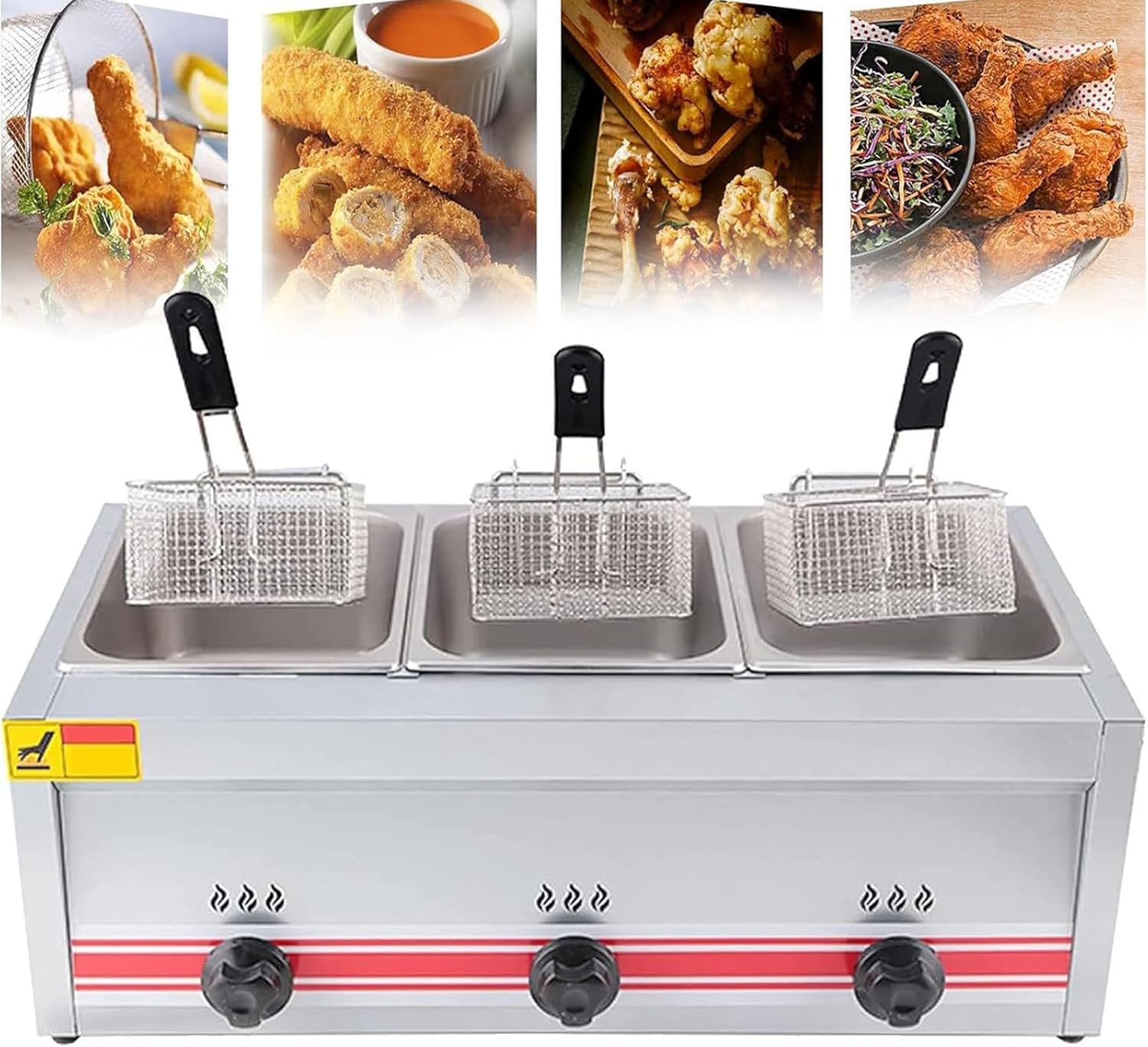 Gas Fryer Commercial Fryer Steel Commercial Fryer with Splash-Proof Lid and Adjustable Temperature for Frying Food Cooking Triplecylinder10l+10l+10l