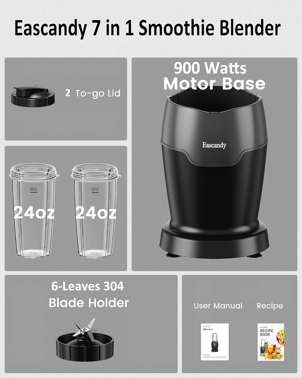 Real 900W Watts Smoothie Blender for Shakes and Smoothies, 7 in 1 Set Personal Blender, Germany 3D Stainless Steel 6-Leaves Blades Smoothie Maker with 2 Pieces 24 OZ Tritan Sport Cups