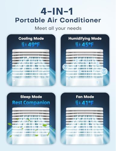 4-IN-1 Portable Air Conditioners, Evaporative Air Cooler w/4 Modes & 3 Speeds, 15H Timer for Smart Auto-off, 2-Gal Tank for 20H Cooling,17FT Remote,No Hose Needed,120°Oscillating Swamp Cooler