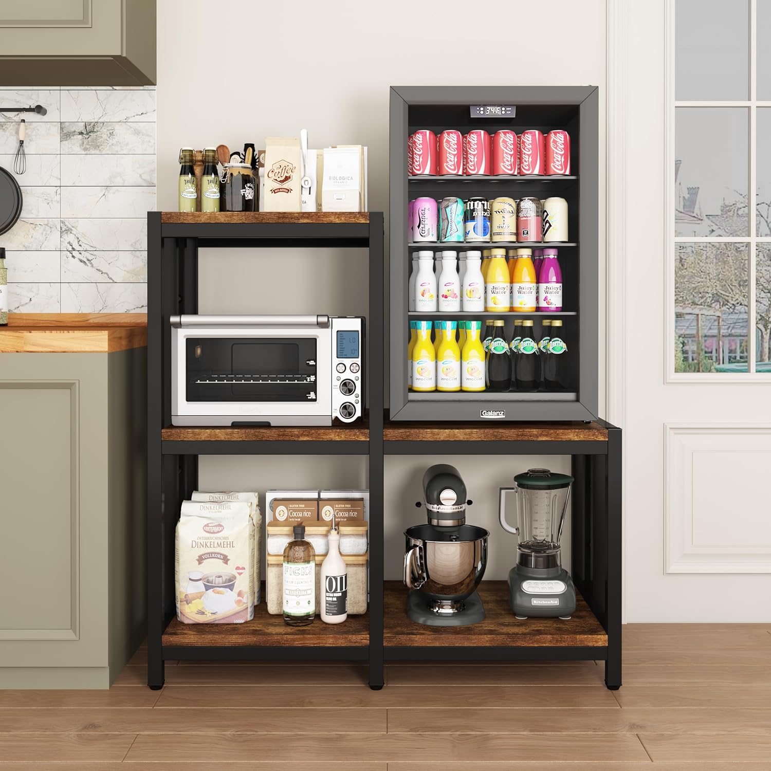 5-Tier Mini Fridge Stand with Storage, Vintage Brown Bakers Rack and Microwave Oven Stand, Kitchen Mini Fridge Cabinet with Shelves, Coffee Bar Organizer for Home, Office, Dorm